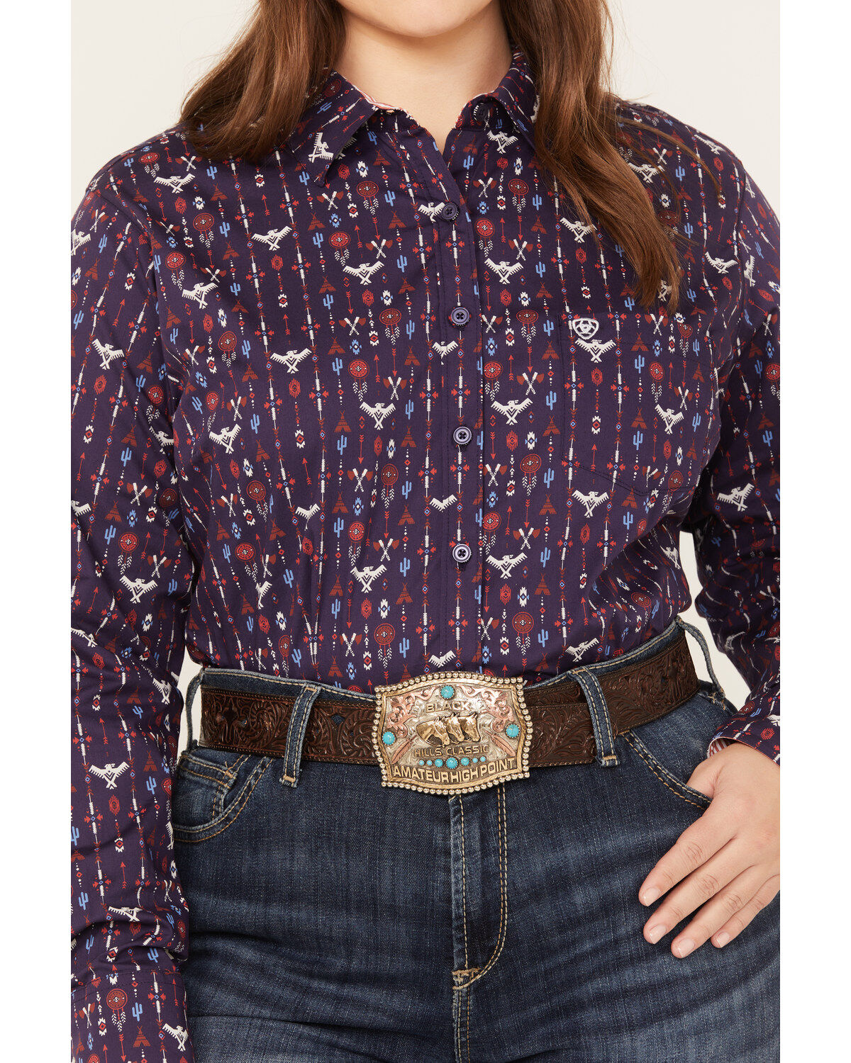 Ariat Women's R.E.A.L. Southwestern Print Long Sleeve Kirby Stretch Button Down Shirt - Plus