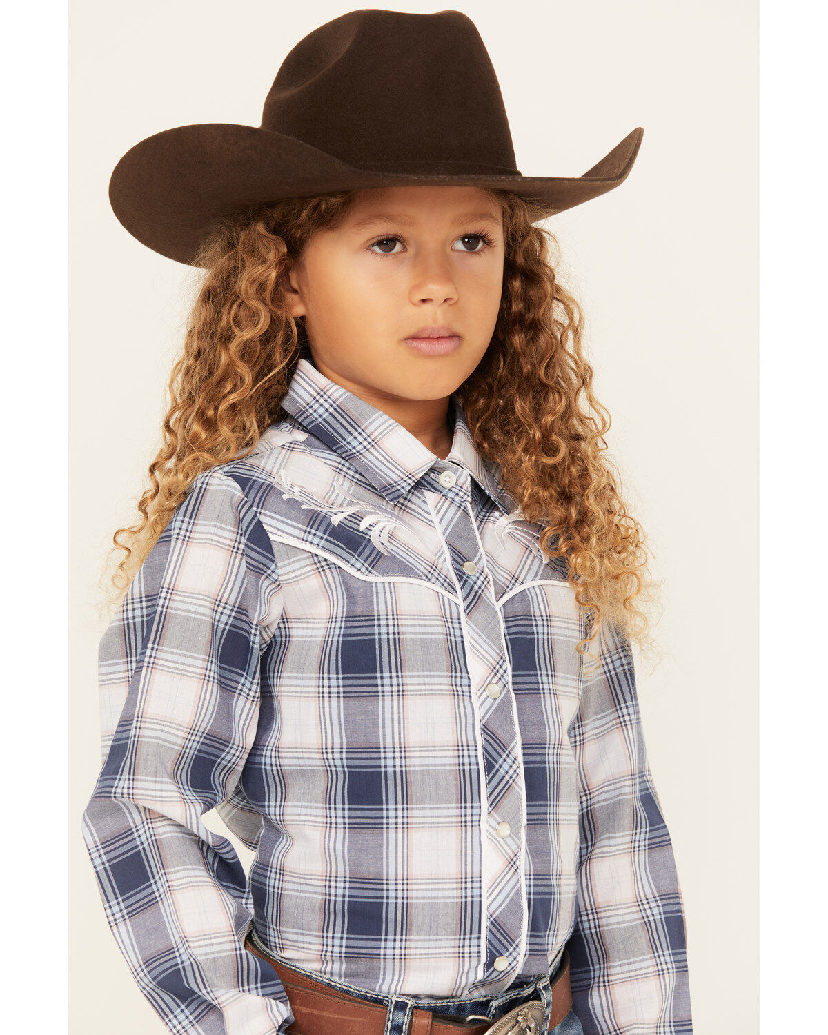 Ely Walker Girls' Embroidered Yoke Plaid Print Long Sleeve Pearl Snap Western Shirt