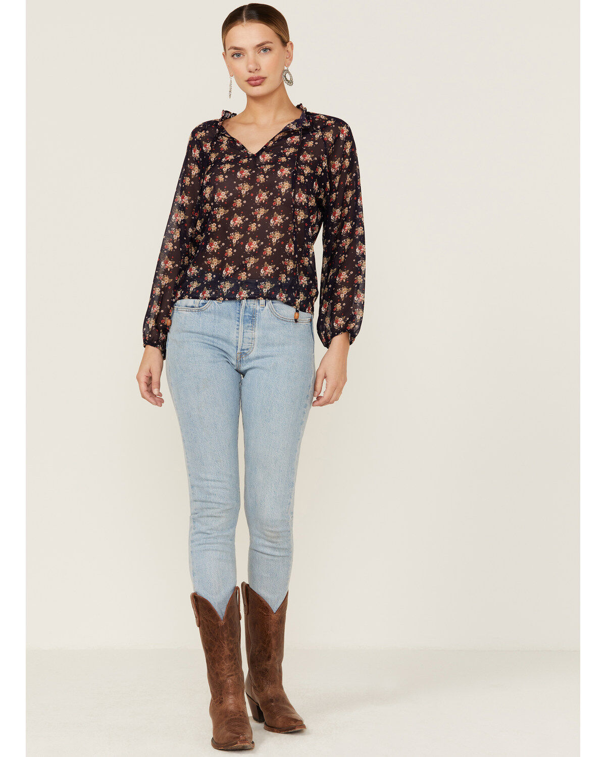 Wild Moss Women's Ruffle Neck Peasant Blouse