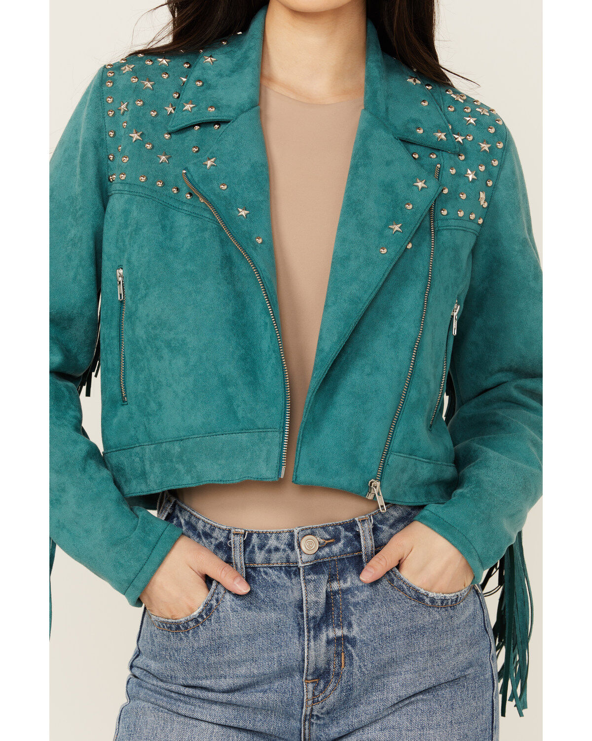 Rock & Roll Denim Women's Faux Suede Moto Fringe Jacket