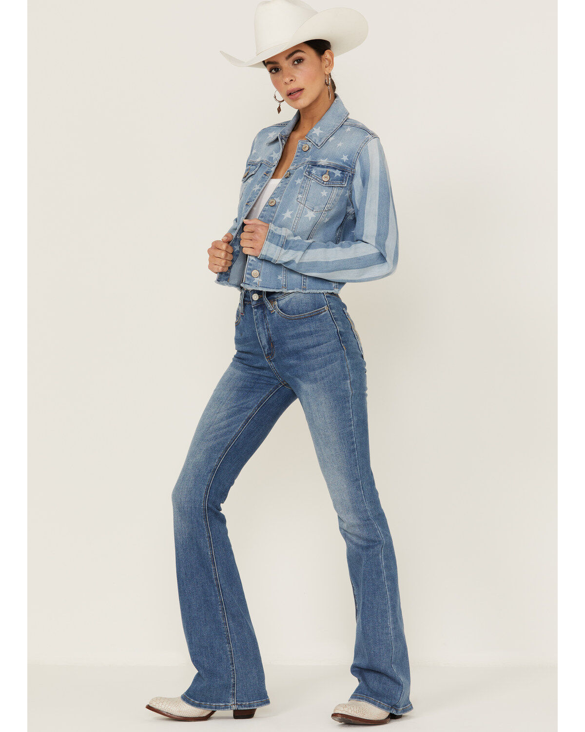 Shyanne Women's Stars & Stripes Print Cropped Frayed Hem Denim Jacket