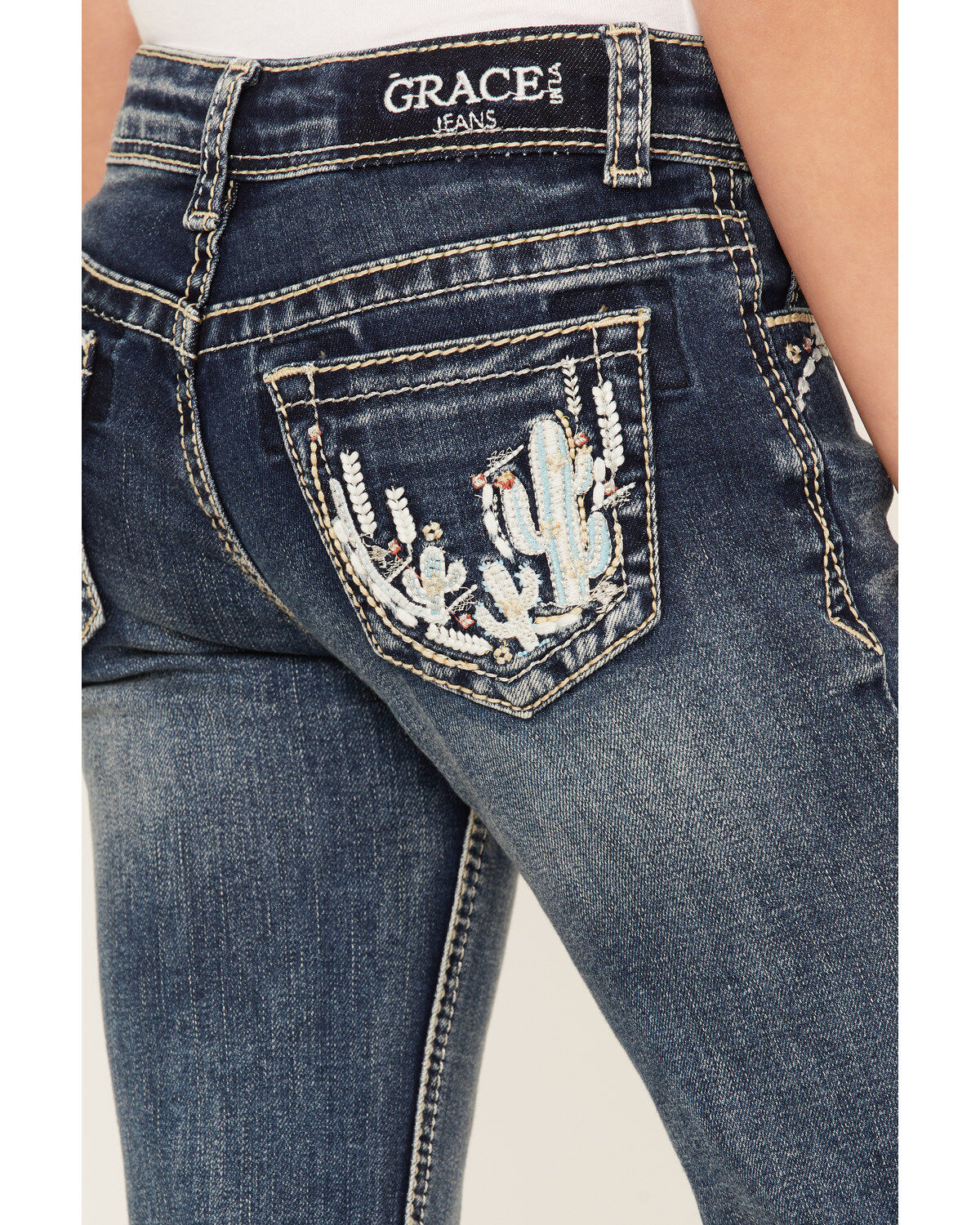 Grace in LA Girls' Medium Wash Mid Rise Embroidered Cactus Bootcut Jeans