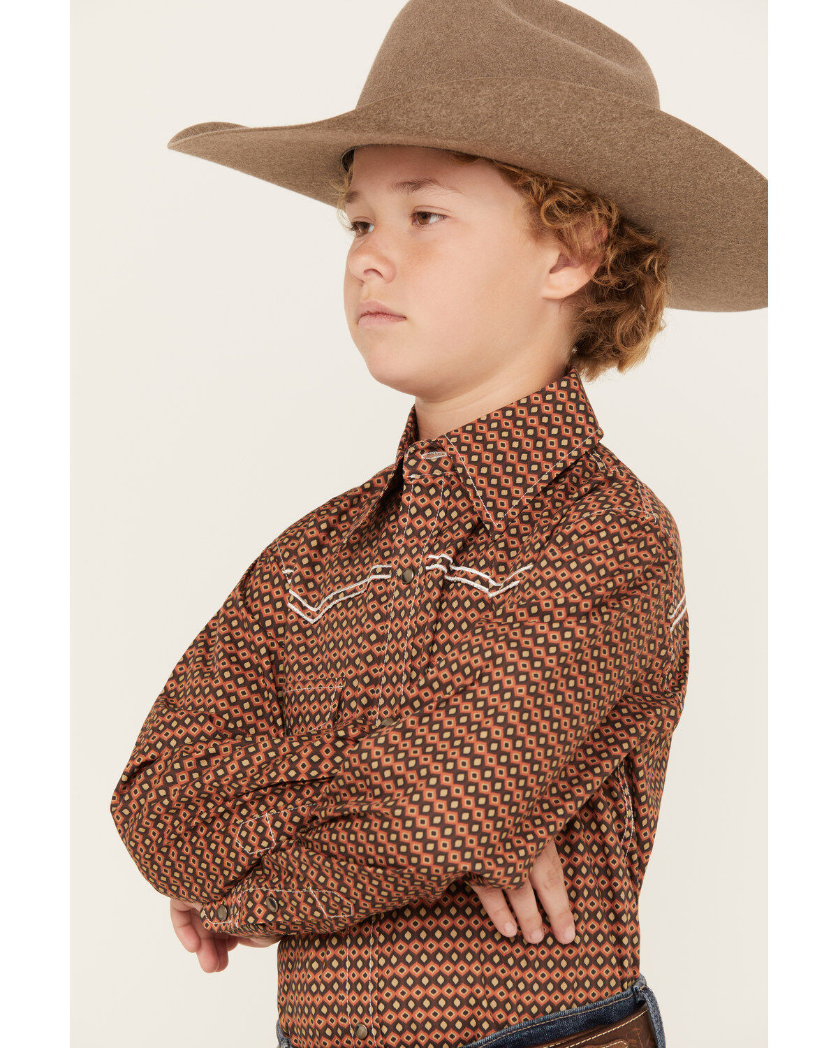 Cowboy Hardware Boys' Curvy Diamond Print Long Sleeve Snap Western Shirt