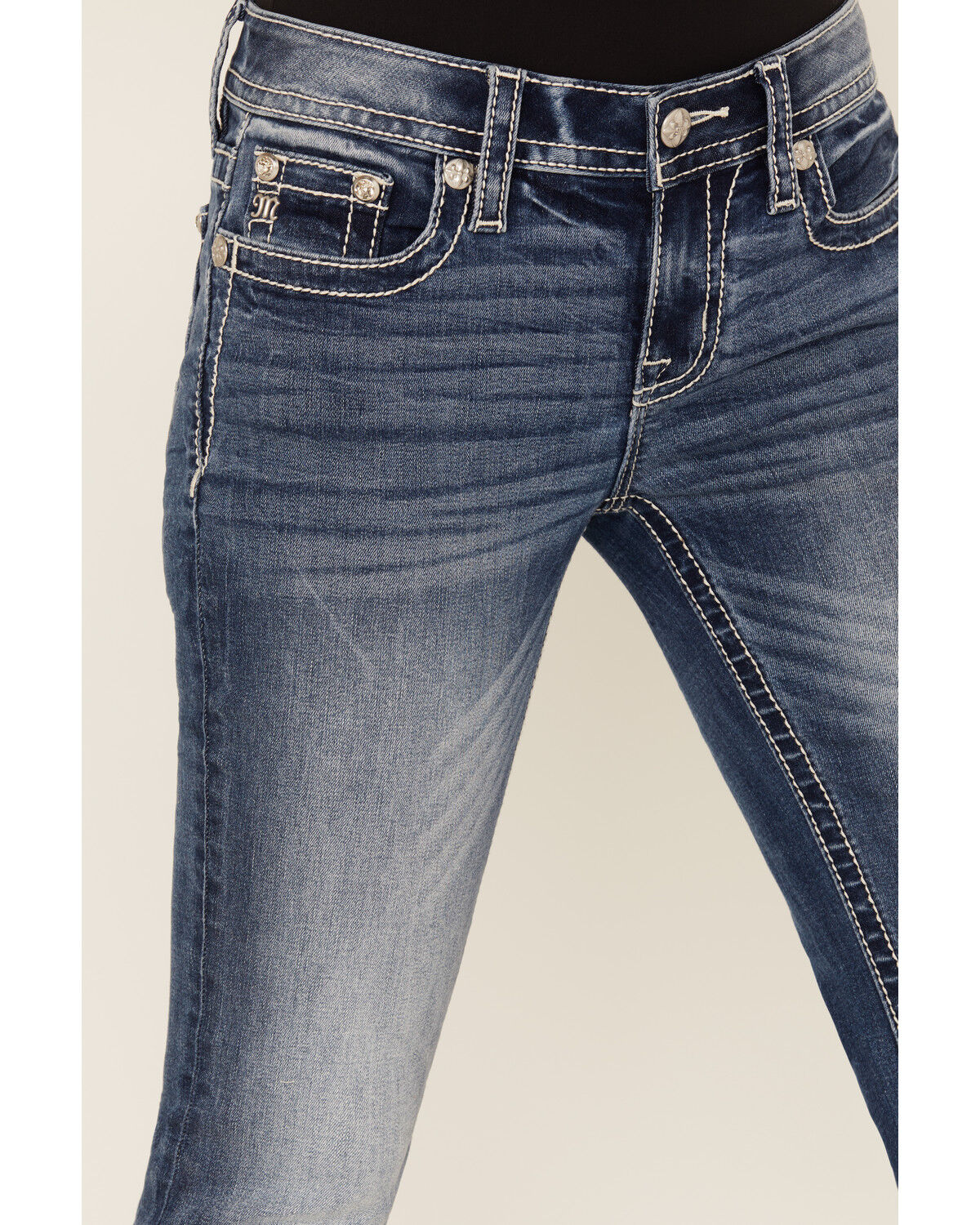 Miss Me Women's Medium Wash Mid Rise Fleur de Lis Pocket Bootcut Stretch Denim Jeans