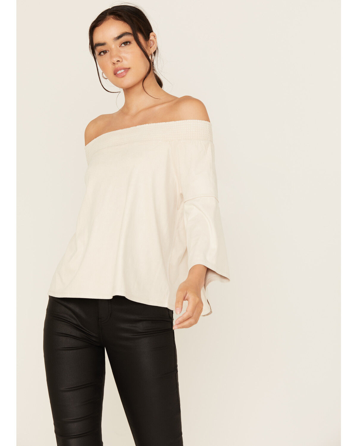 Shyanne Women's Solid Faux Suede Off The Shoulder Long Sleeve Shirt