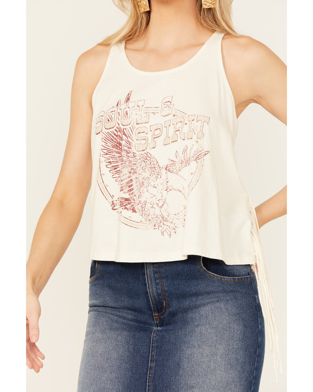 Shyanne Women's Soul and Spirit Cage Back Fringe Graphic Tank