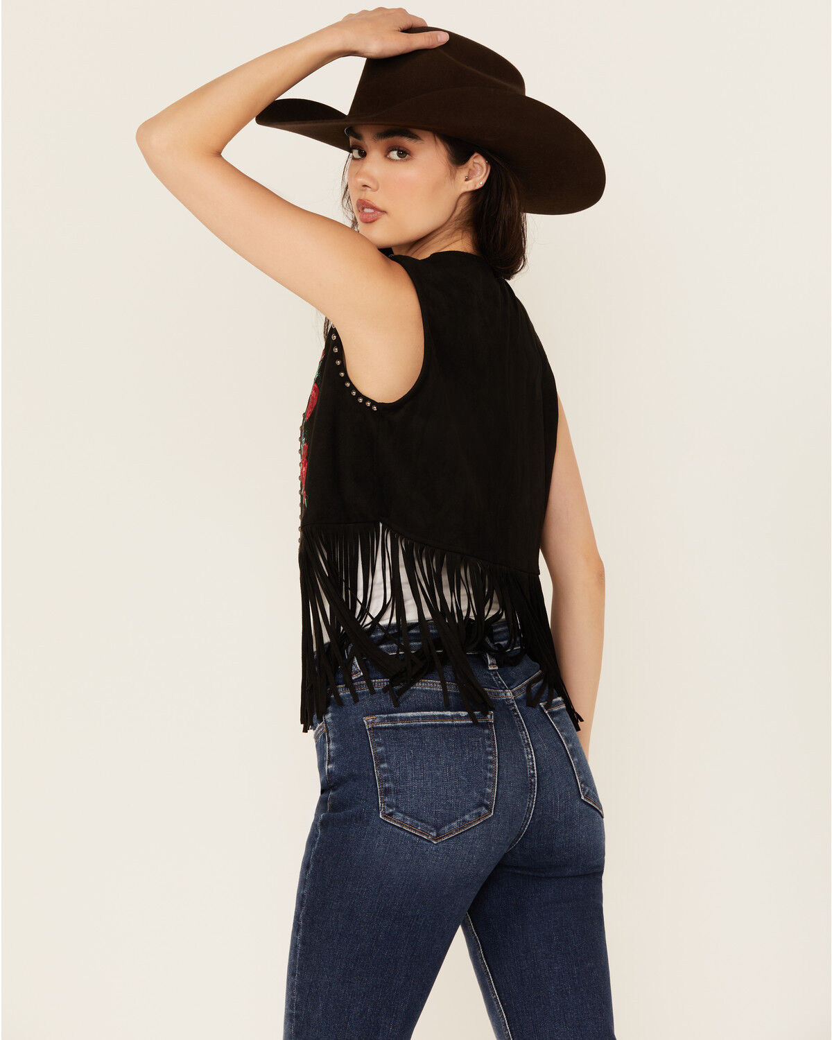 Vocal Women's Embroidered Rose Faux Suede Fringe Vest