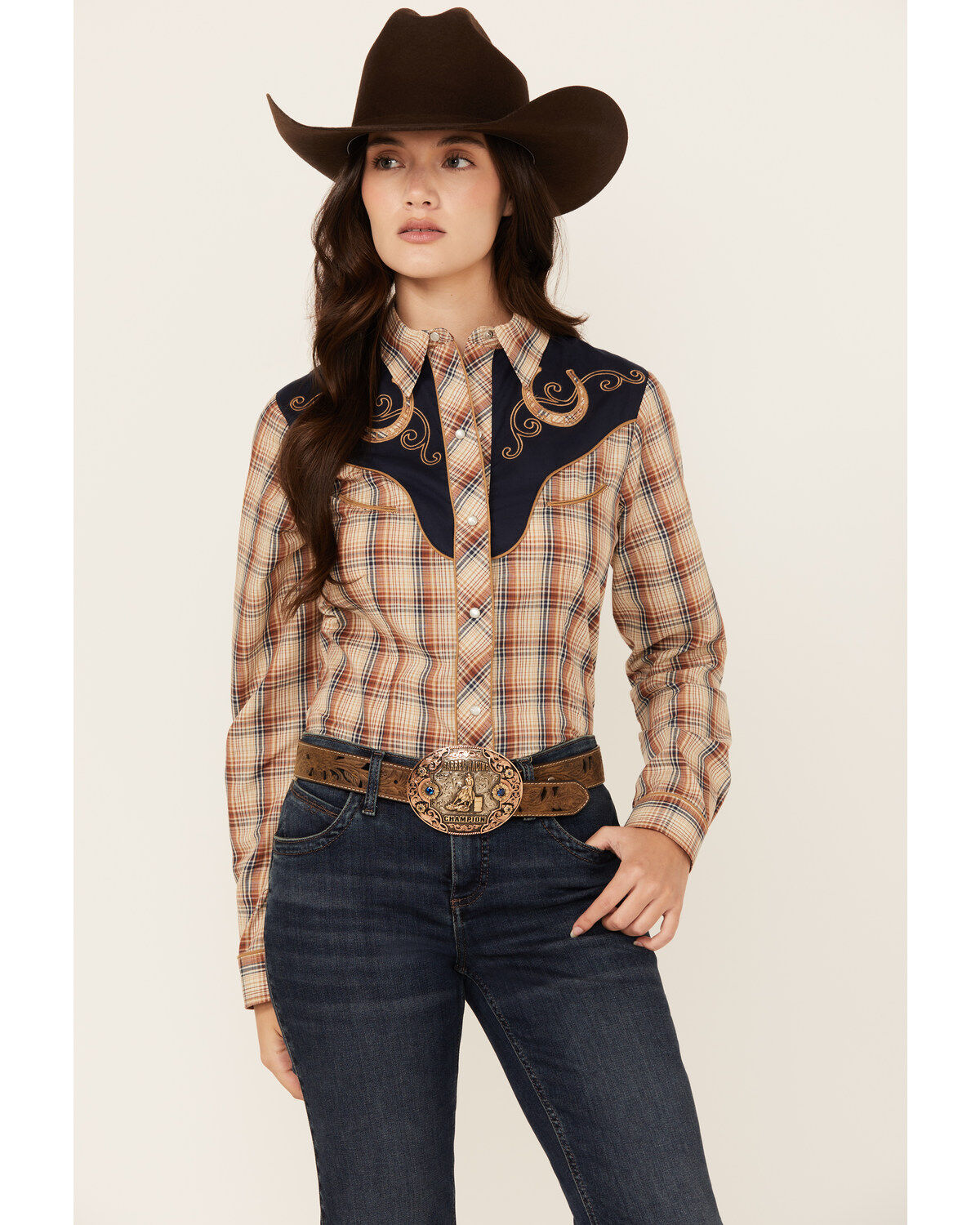 Roper Women's Embroidered Yoke Plaid Print Long Sleeve Snap Western Shirt