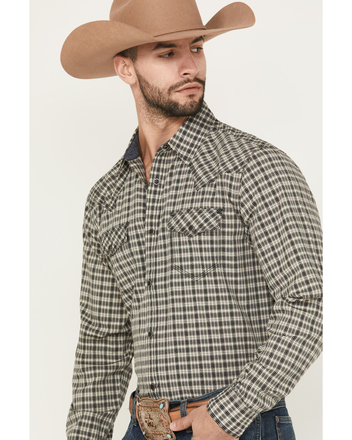 Moonshine Spirit Men's High Strung Dobby Plaid Print Long Sleeve Snap Western Shirt