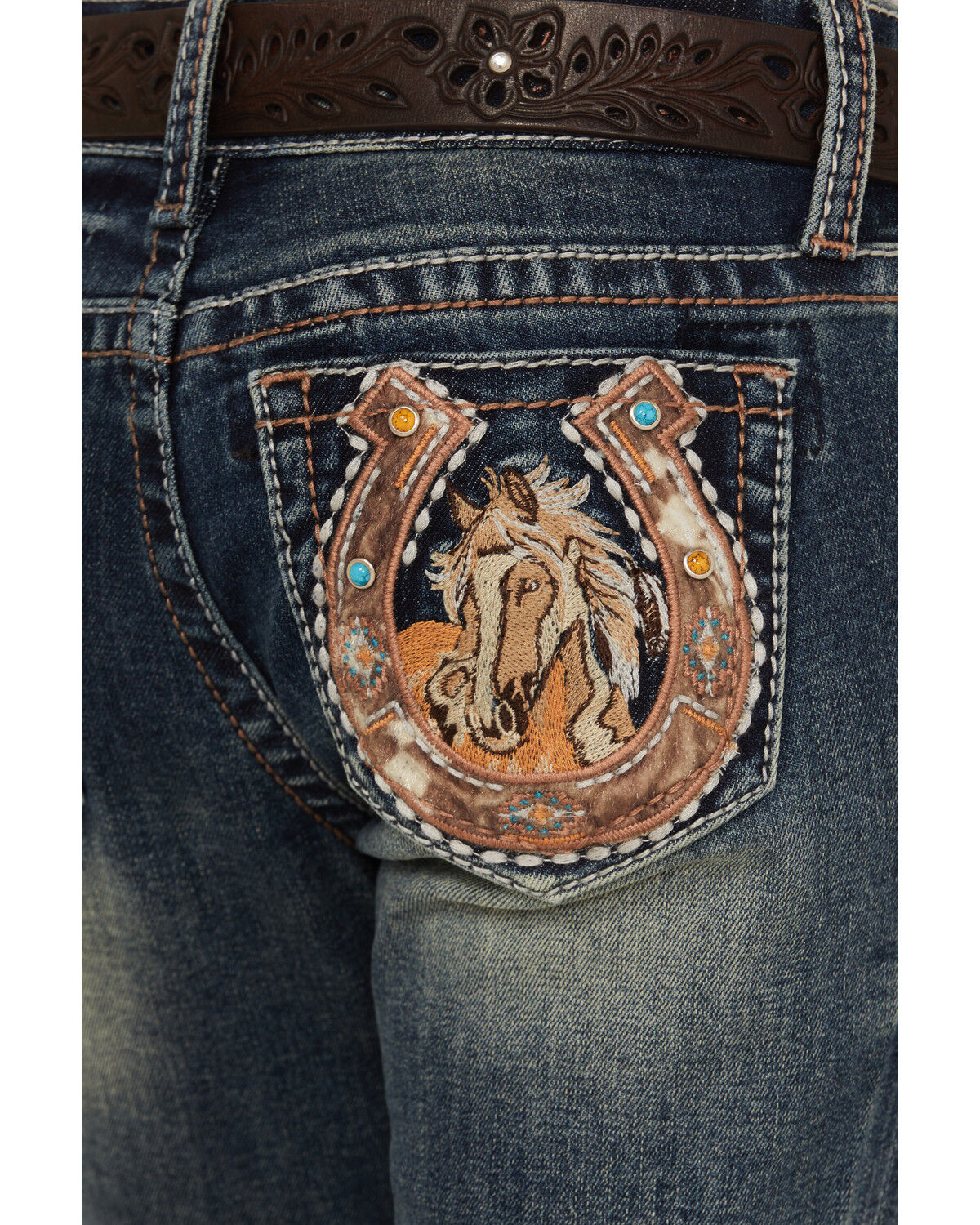 Grace In LA Girls' Cowhide Horseshoe Bootcut Stretch Denim Jeans