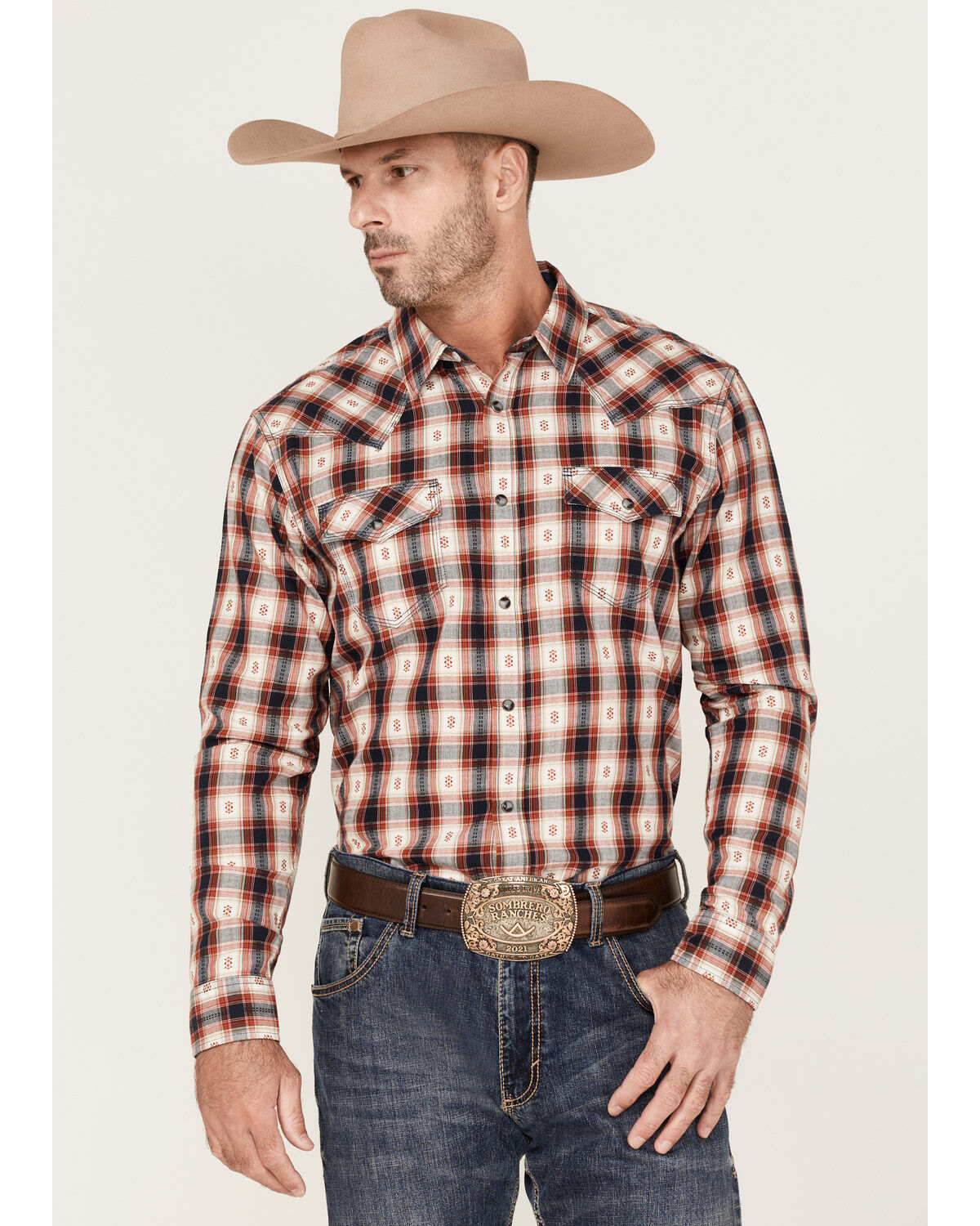 Moonshine Spirit Men's Apache Dobby Plaid Long Sleeve Snap Western Shirt