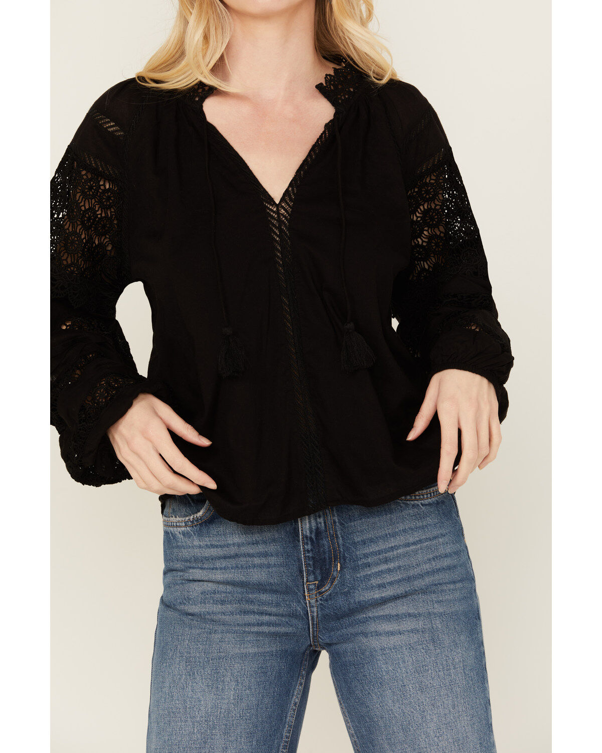 Revel Women's Long Sleeve Crochet Trim Top