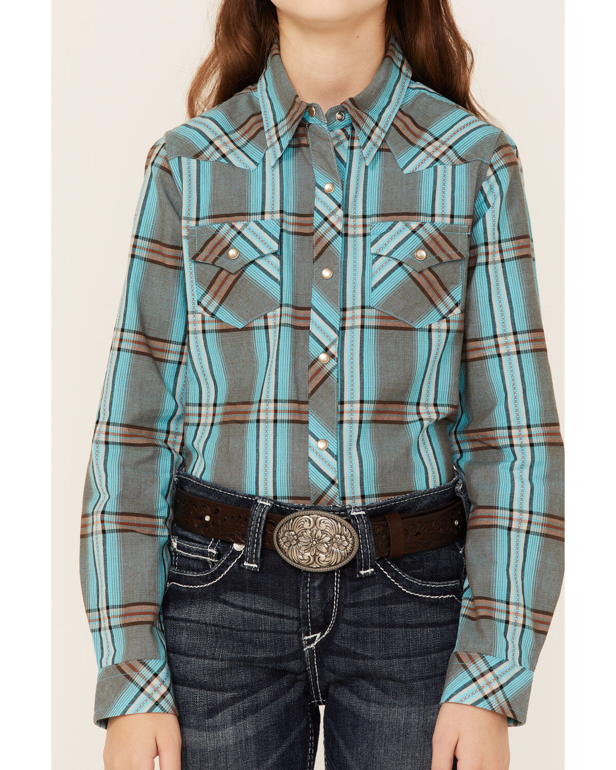 Roper Girls' Plaid Print Long Sleeve Western Shirt