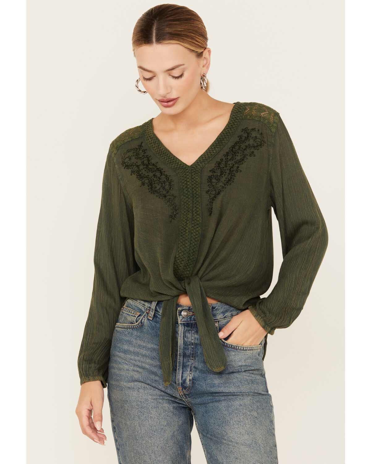 Nostalgia Women's Embroidered Tie Front Long Sleeve Top