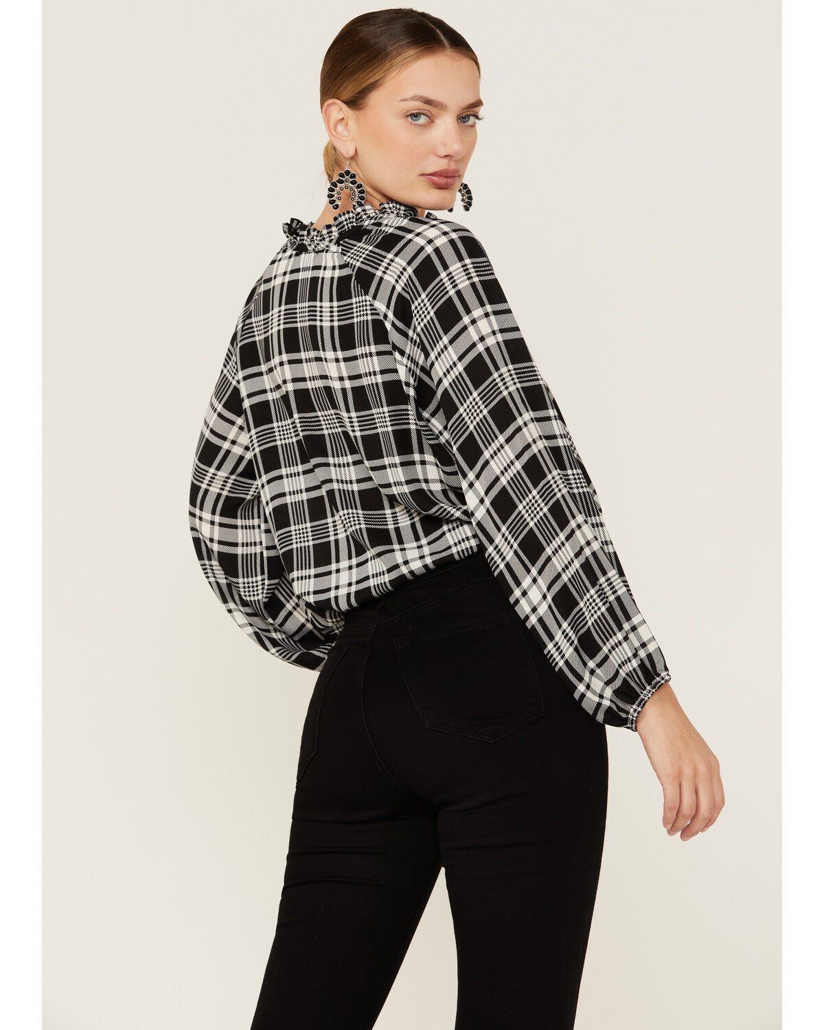 Wild Moss Women's Long Sleeve Tie Neck Peasant Blouse