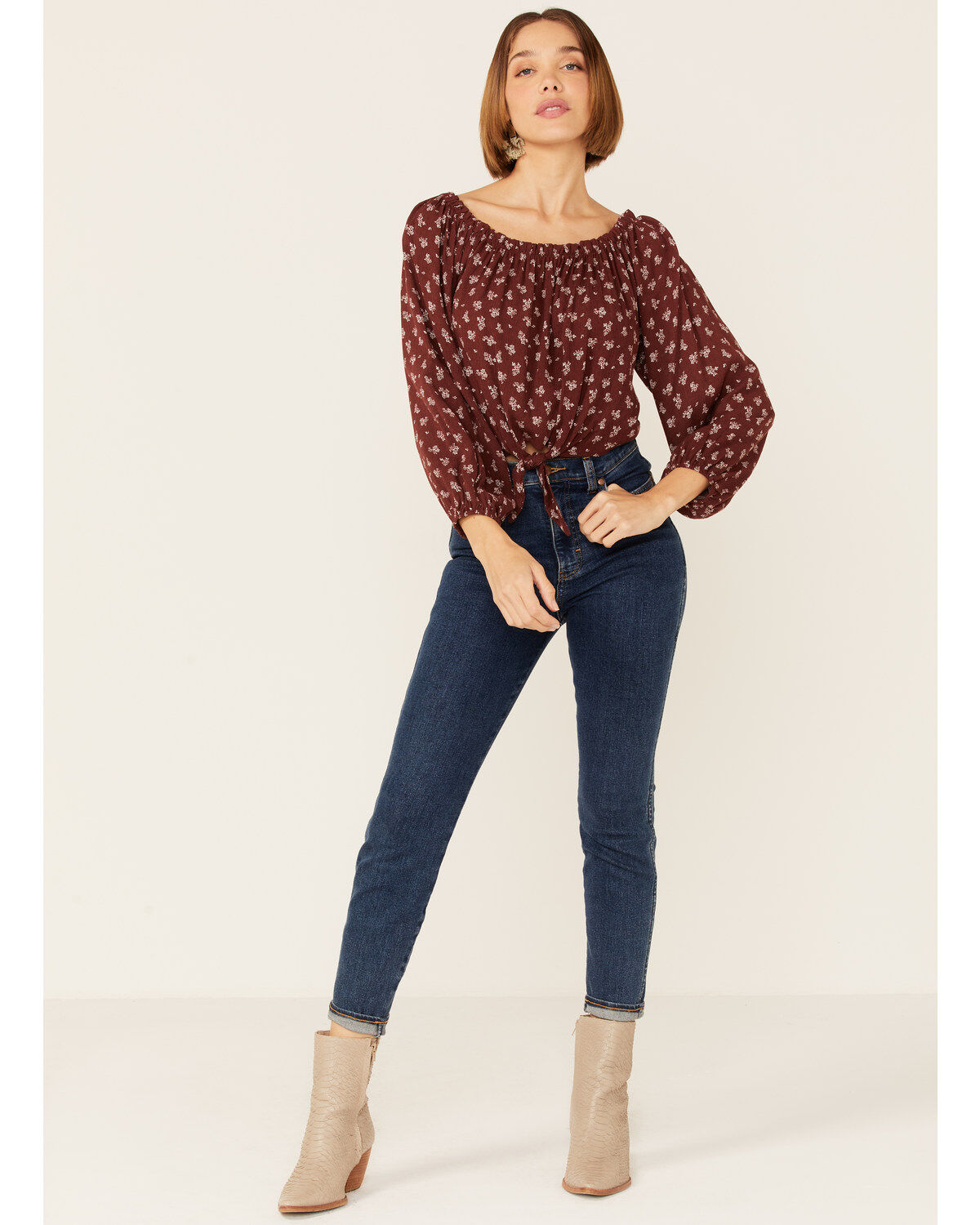 Wild Moss Women's Floral Cold Shoulder Tie-Front Top