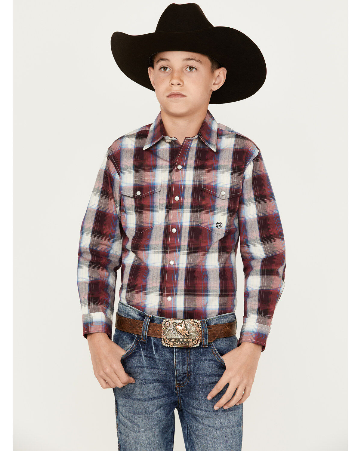 Roper Boys' Plaid Print Long Sleeve Pearl Snap Western Shirt