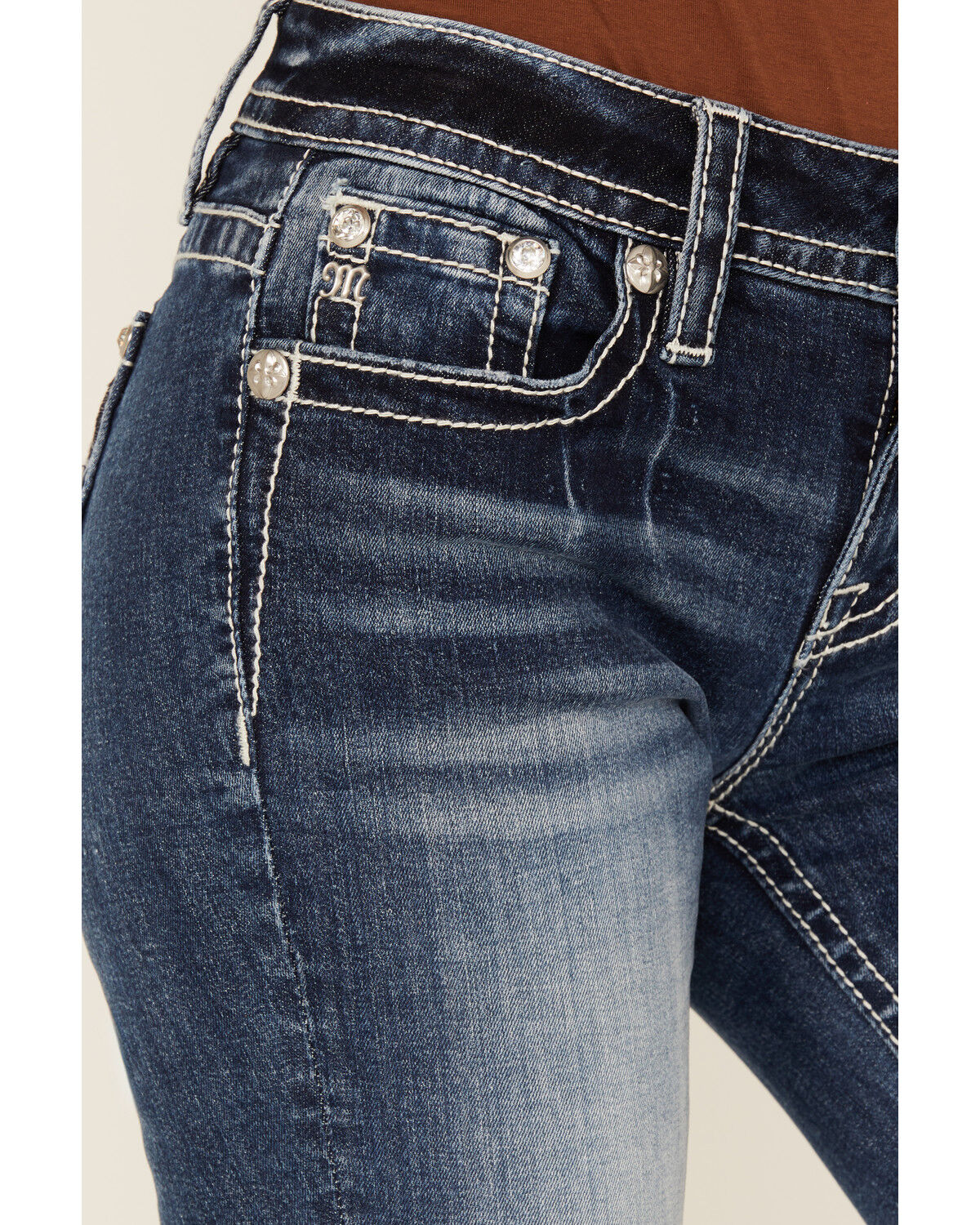 Miss Me Women's Medium Wash Mid Rise Cowhide Steer Head Pocket Bootcut Stretch Denim Jeans