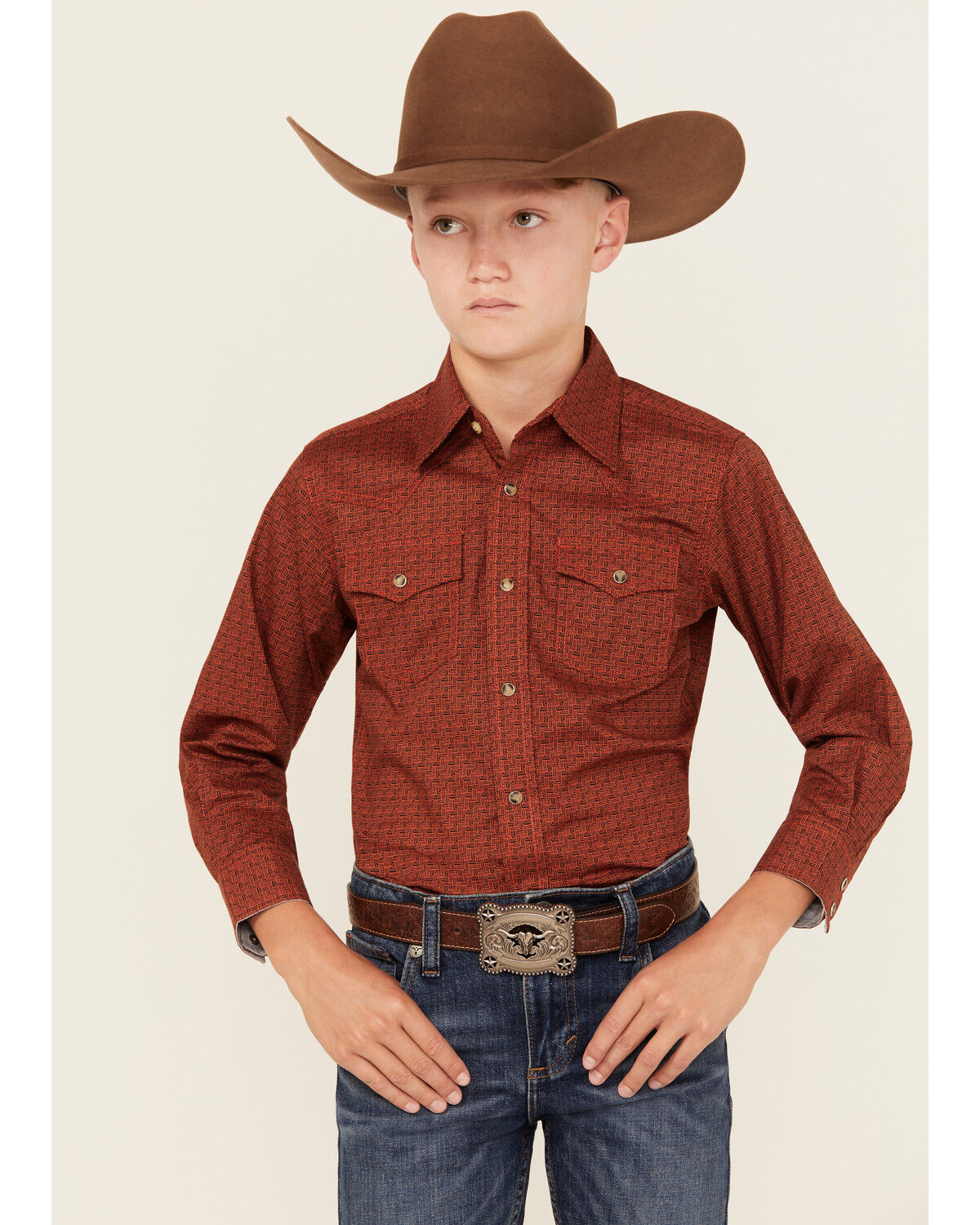 Wrangler Boys' Checkered Print Long Sleeve Snap Stretch Western Shirt