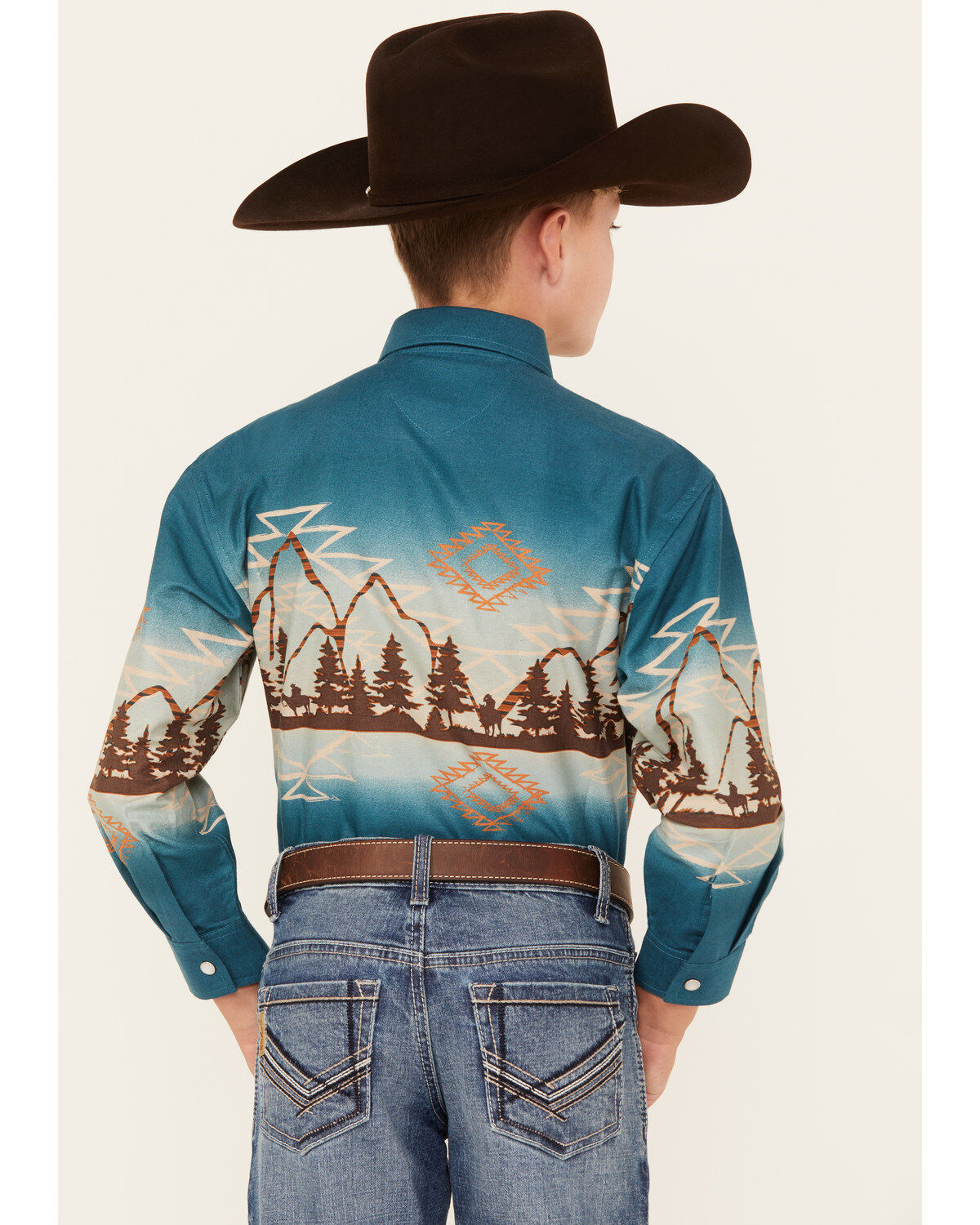 Panhandle Boys' Southwestern Mountain Border Long Sleeve Pearl Snap Western Shirt
