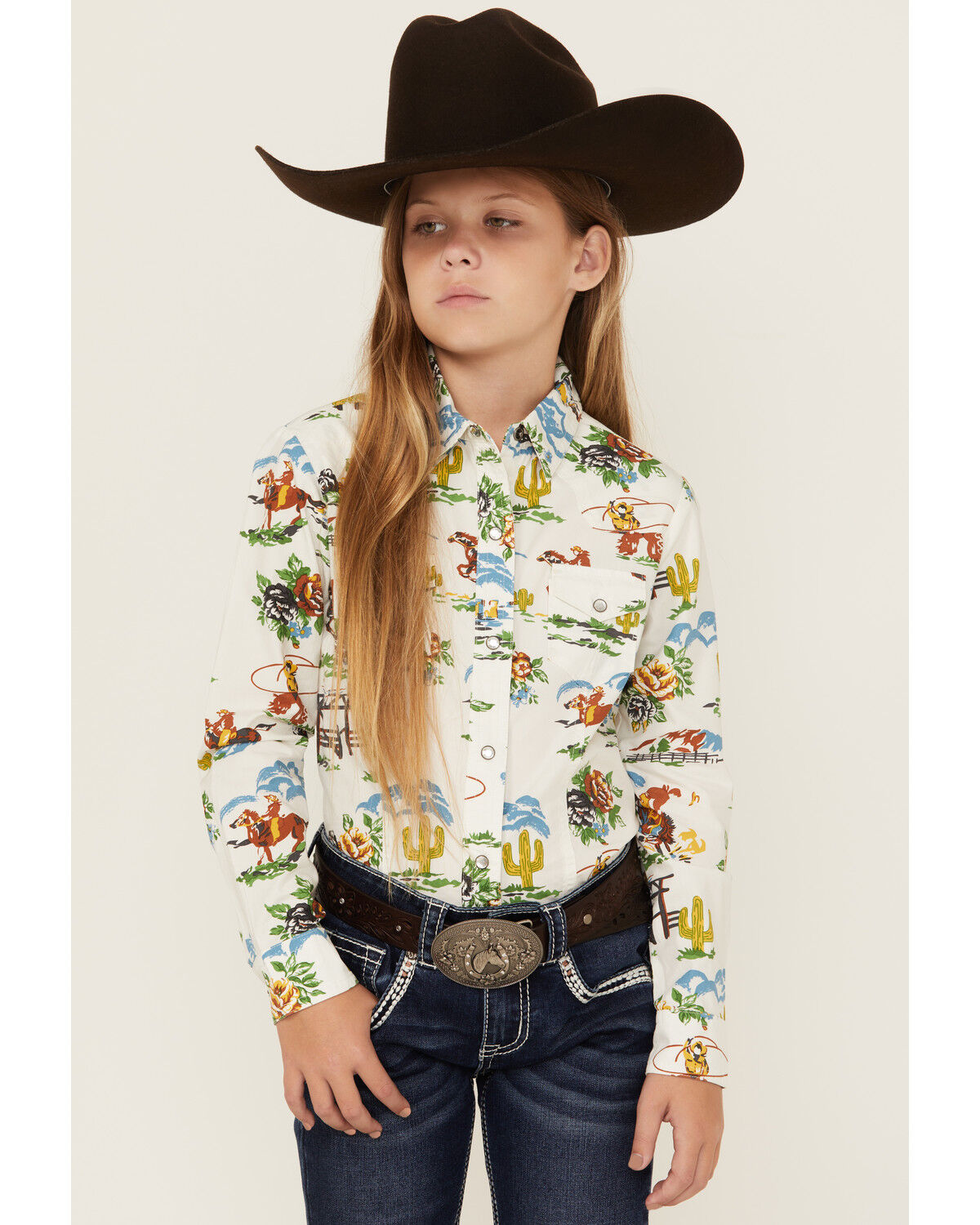 Cruel Girl Girls' Printed Long Sleeve Rhinestone Snap Western Shirt