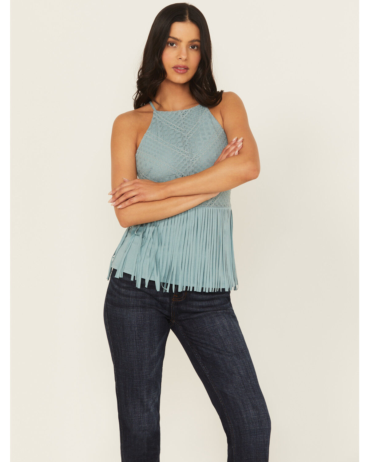 Shyanne Women's Stretch Lace Halter Fringe Tank