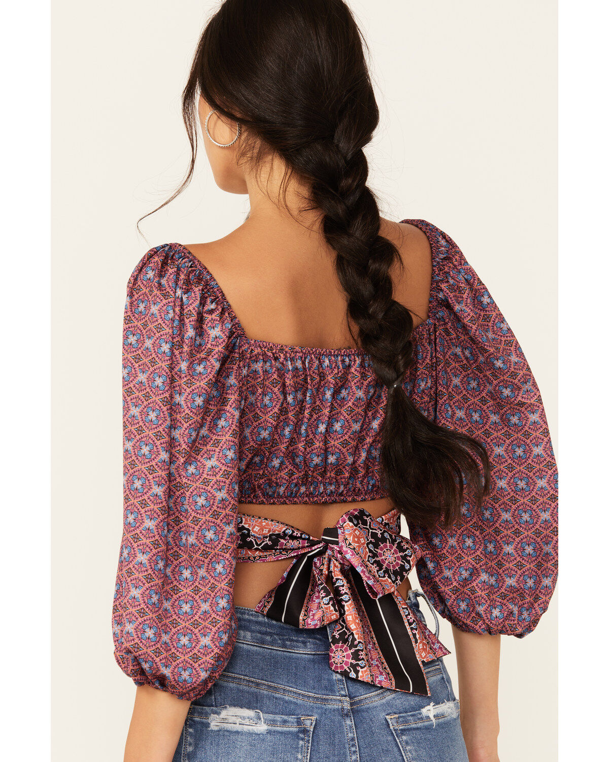 Beyond The Radar Women's Border Print Tie Back Top