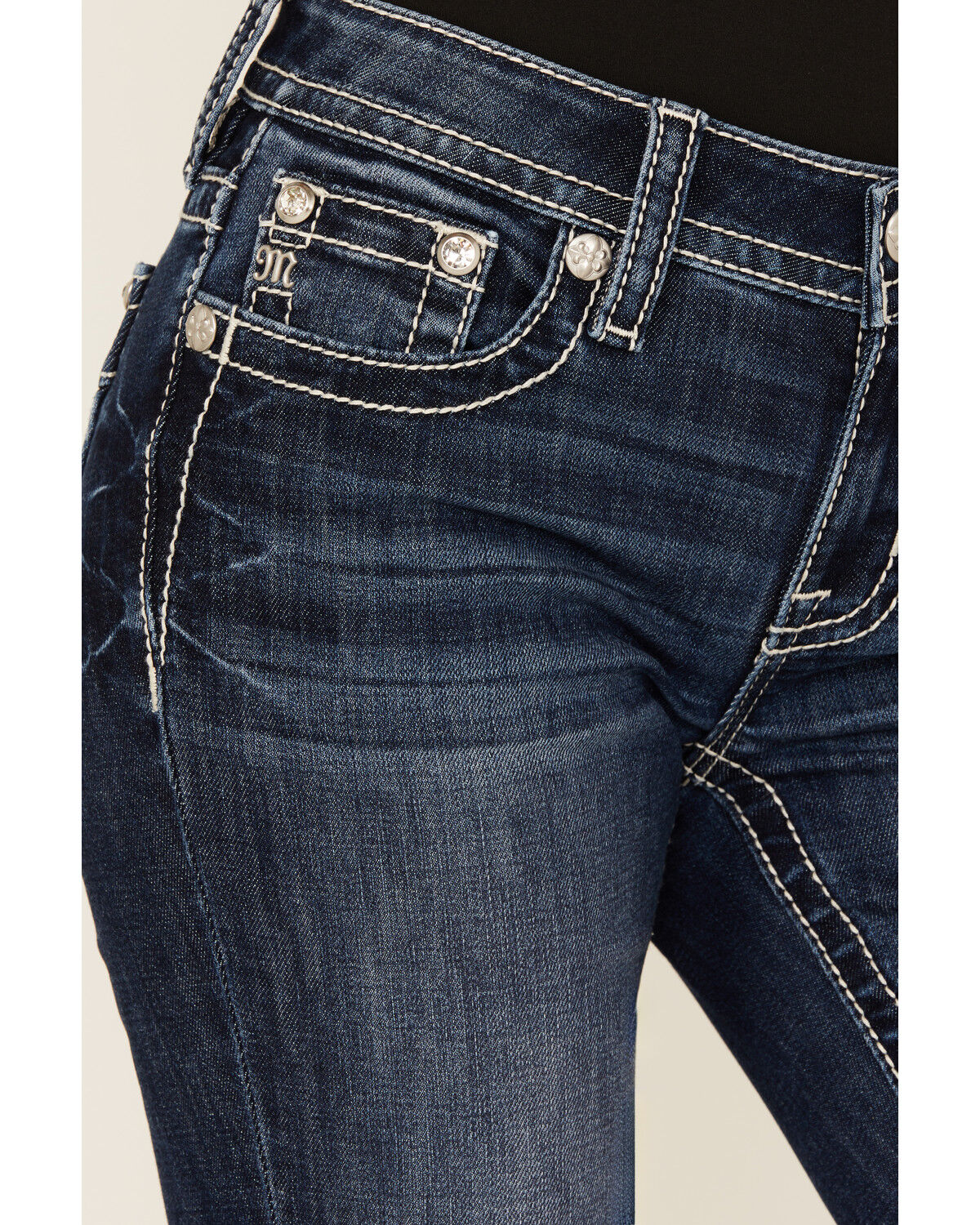 Miss Me Women's Dark Wash Mid Rise Feather Pocket Bootcut Stretch Denim Jeans