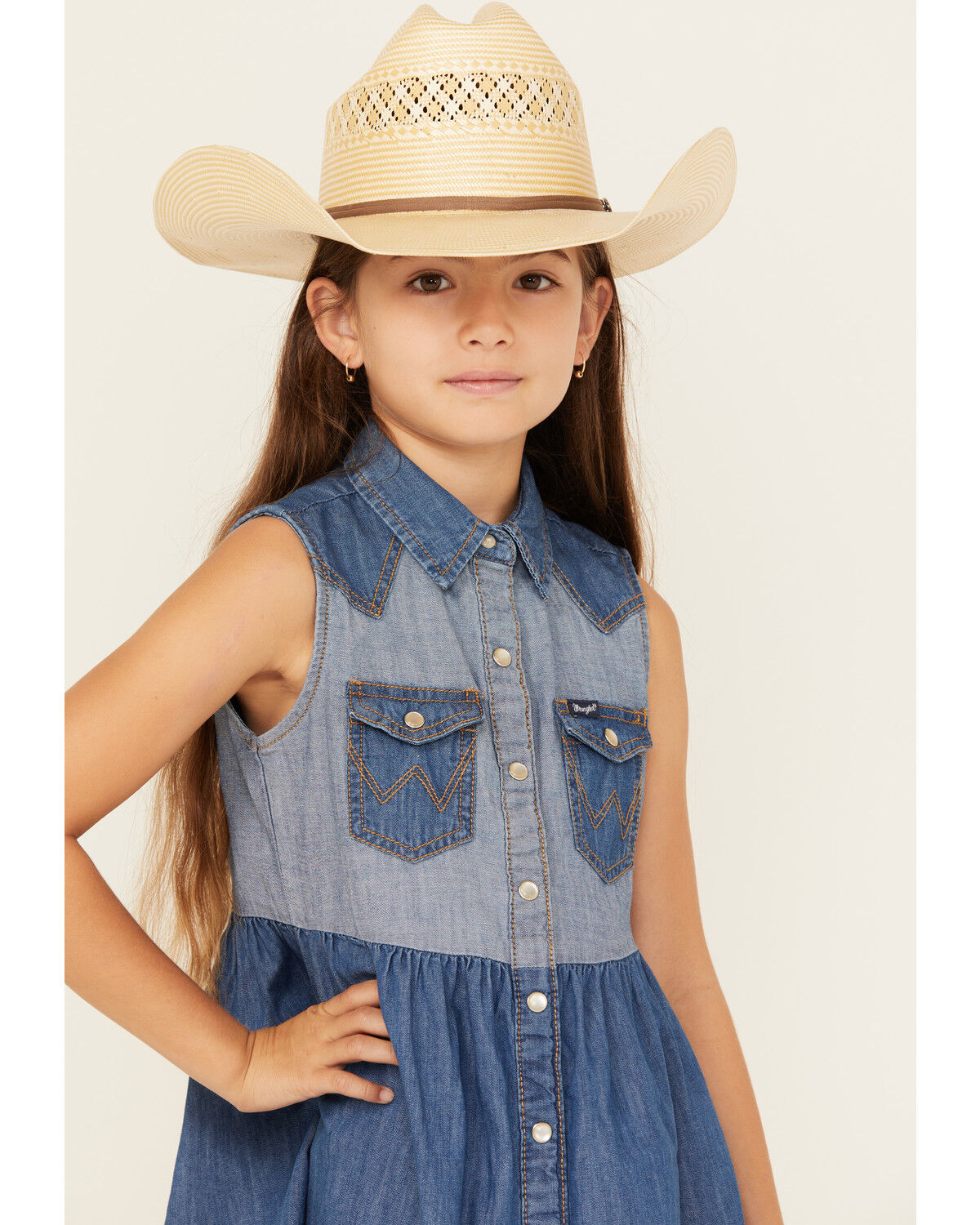 Wrangler Girls' Two-Tone Denim Sleeveless Snap Dress