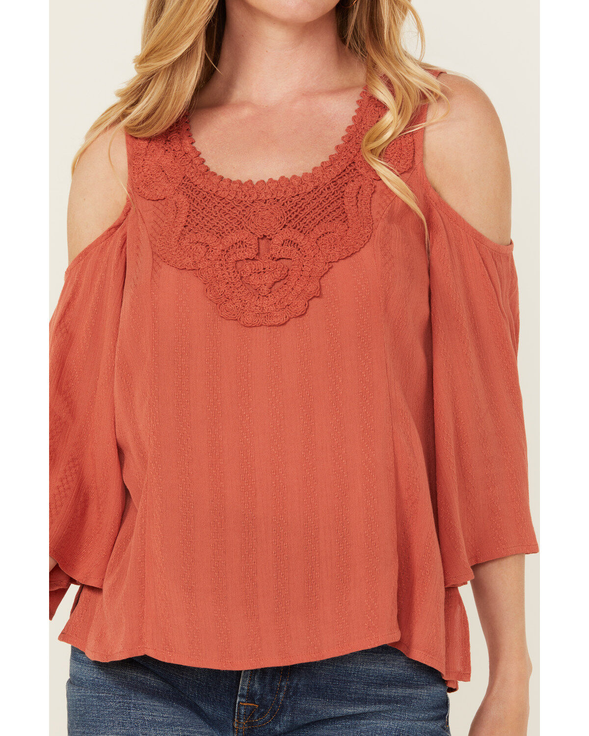 Shyanne Women's Solid Crochet Trim Cold Shoulder Shirt