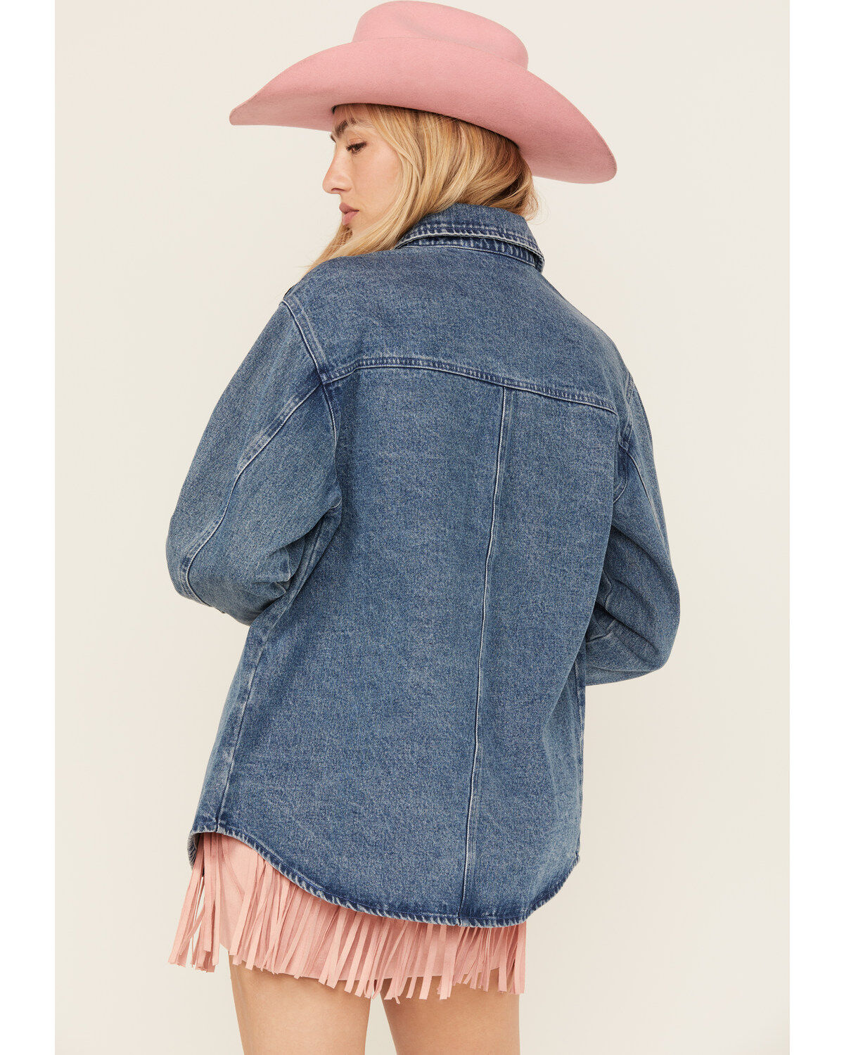 Blue B Women's Medium Wash Western Patchwork Snap Shacket