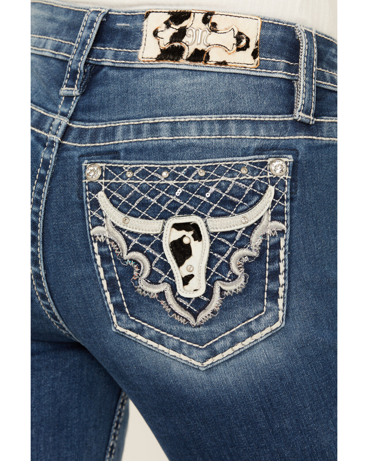 Miss Me Women's Dark Wash Mid Rise Faux Cowhide Longhorn Bootcut Stretch Denim Jeans
