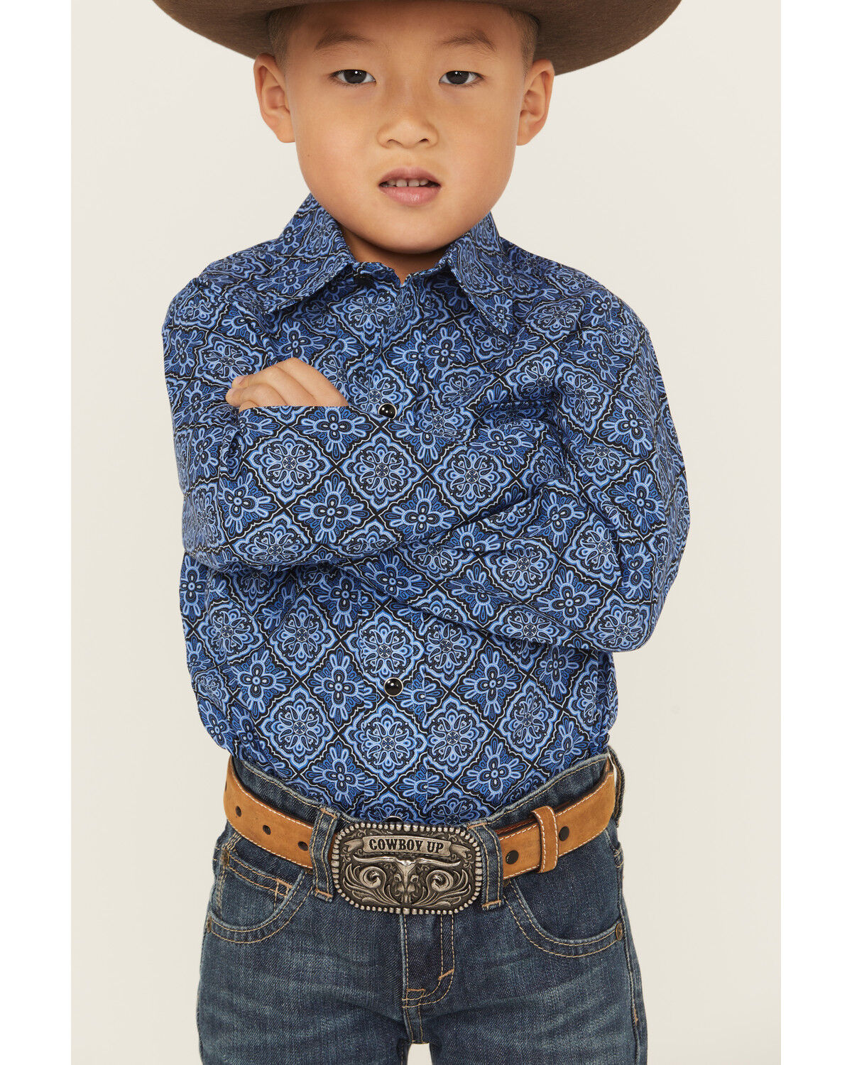 Roper Boys' Medallion Print Long Sleeve Snap Western Shirt