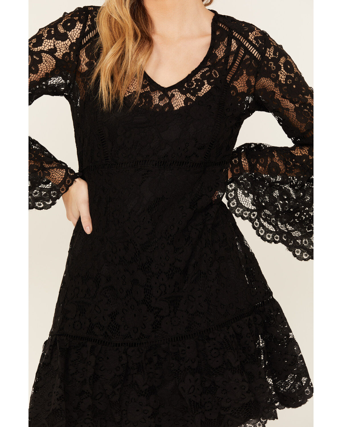 Scully Women's Lace Crochet Long Bell Sleeve Mini Dress