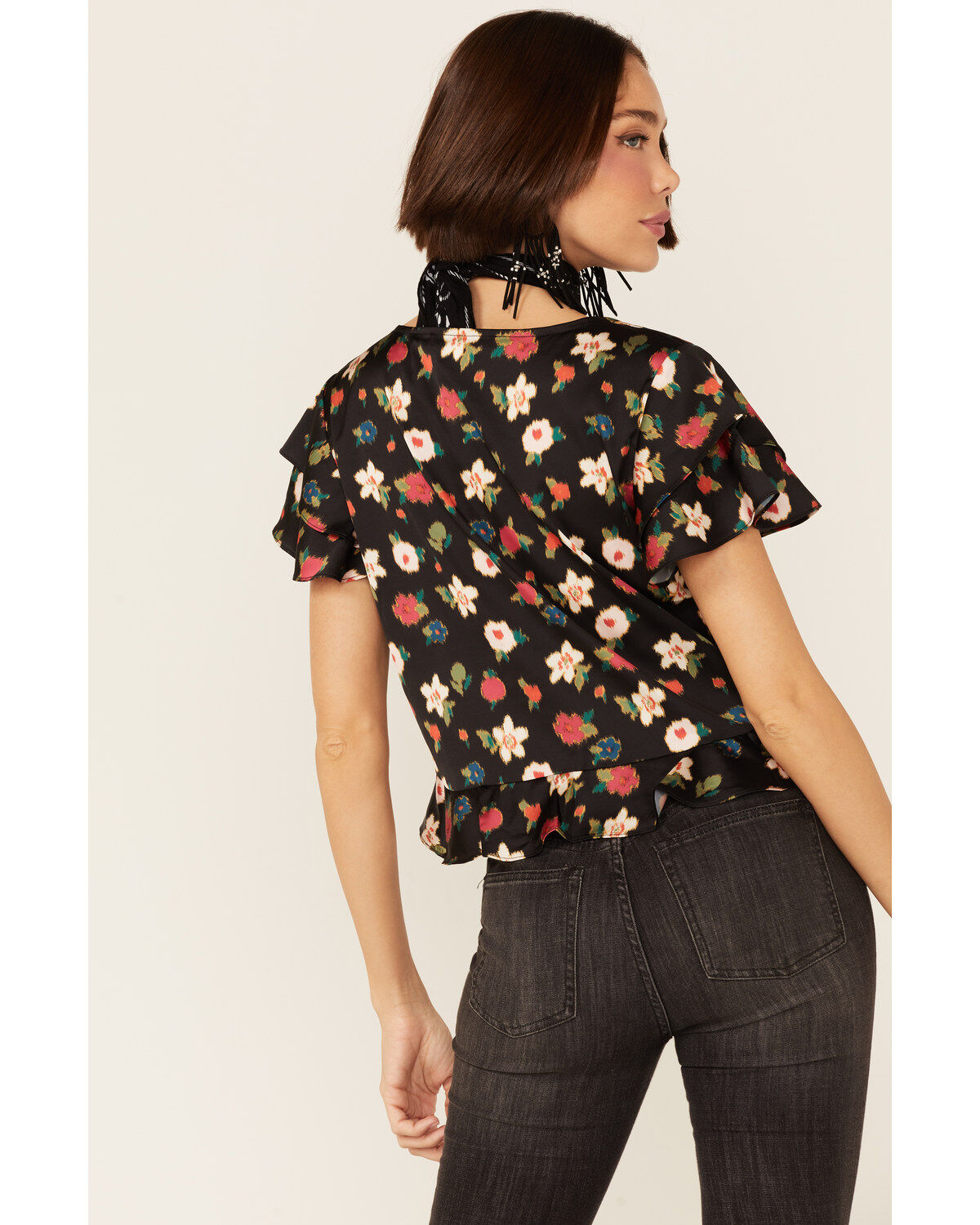 Beyond The Radar Women's Floral Satin Button Front Blouse