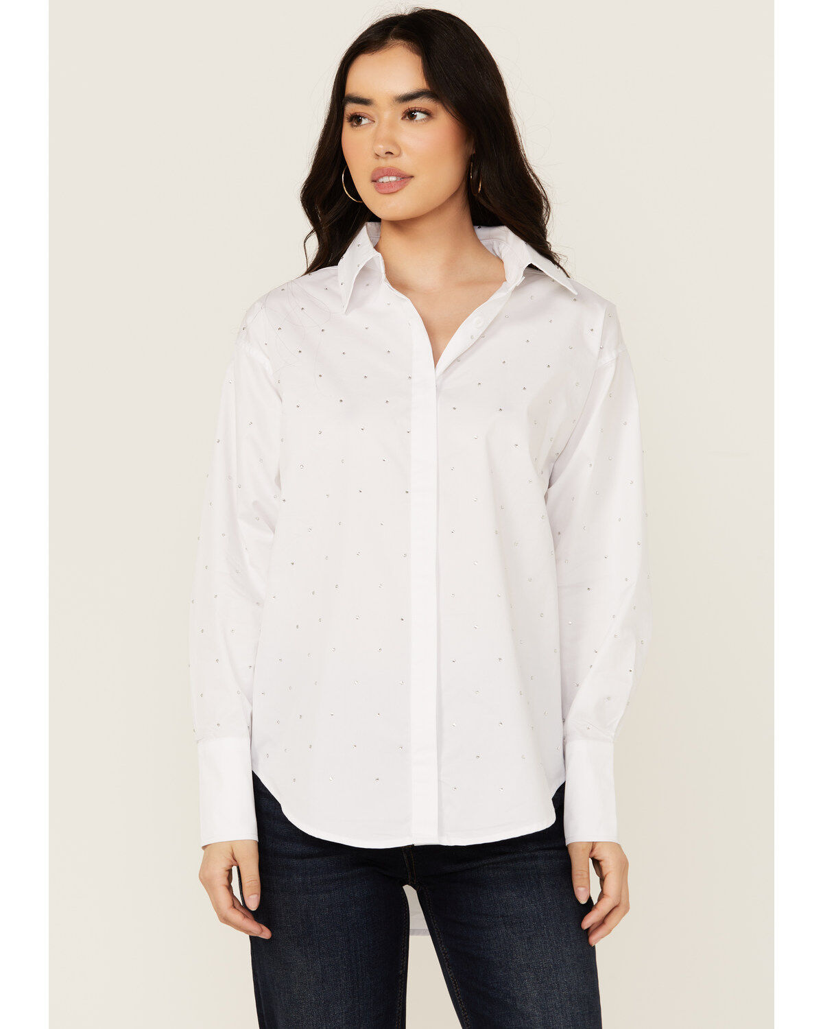 Blue B Women's Solid Rhinestone Long Sleeve Button-Down Shirt