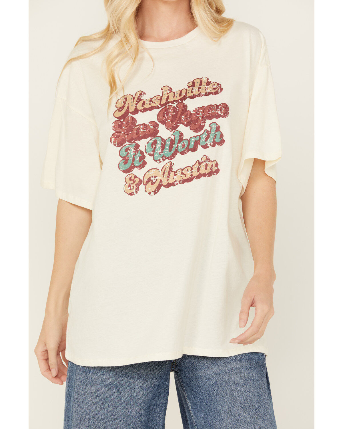 Rock & Roll Denim Women's Embellished City Names Short Sleeve Graphic Tee