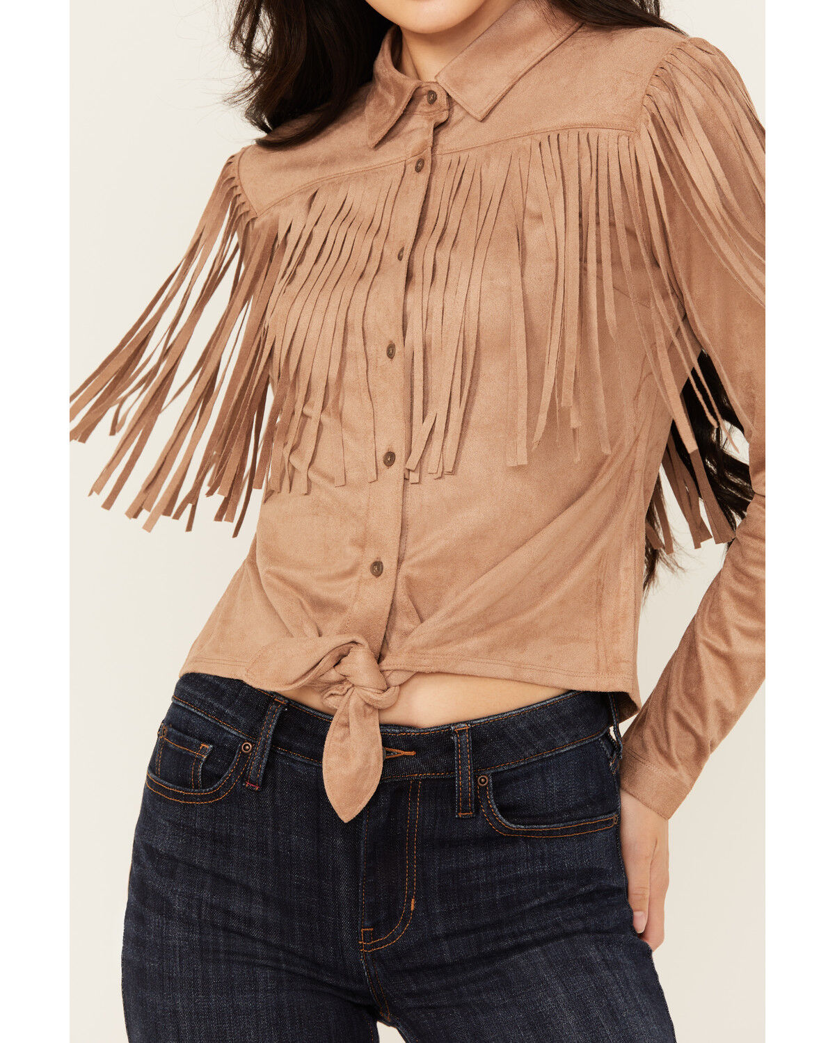 Idyllwind Women's Fate Faux Suede Fringe Long Sleeve Button-Down Tie-Front Shirt