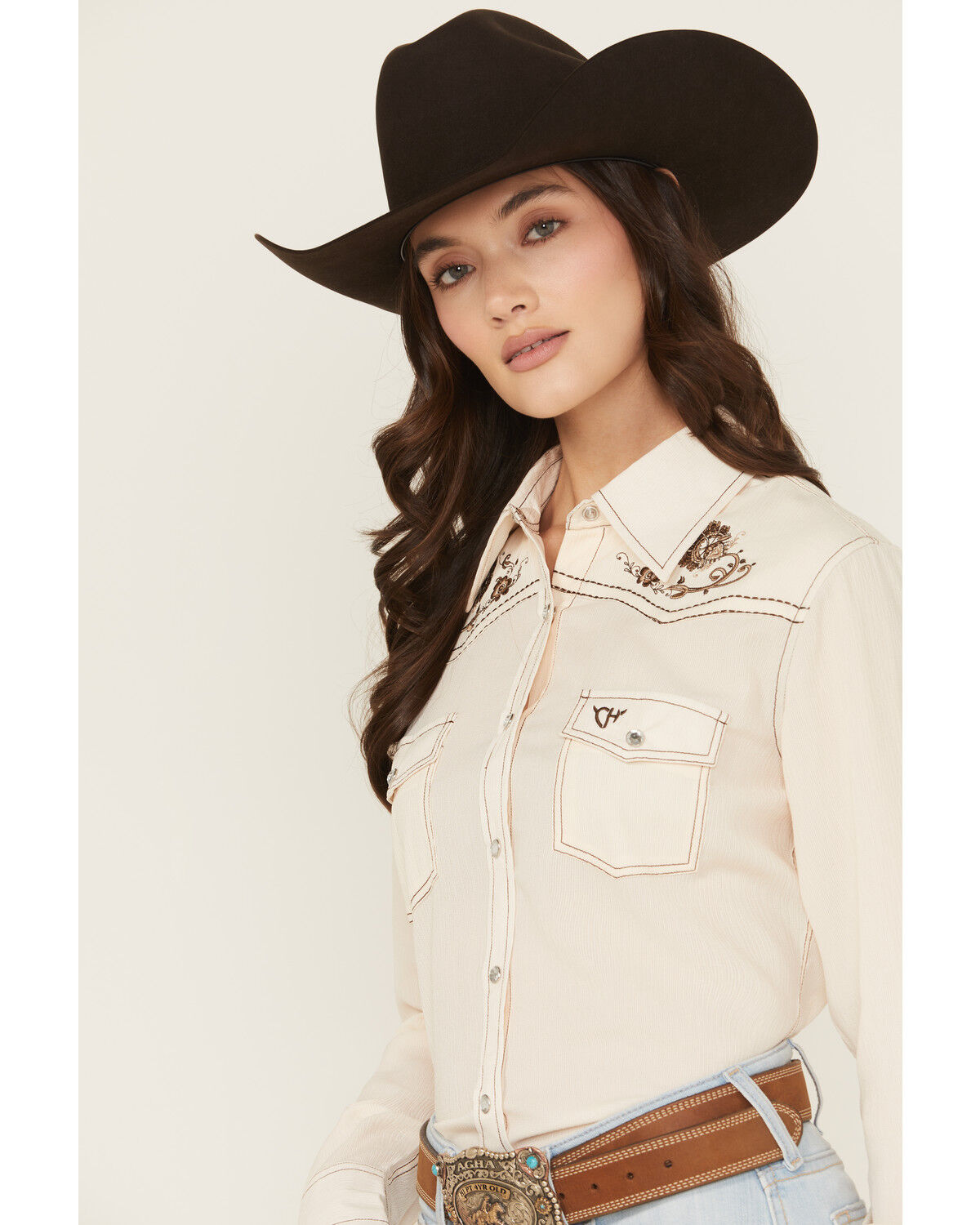 Cowgirl Hardware Women's Floral Embroidered Long Sleeve Snap Western Shirt