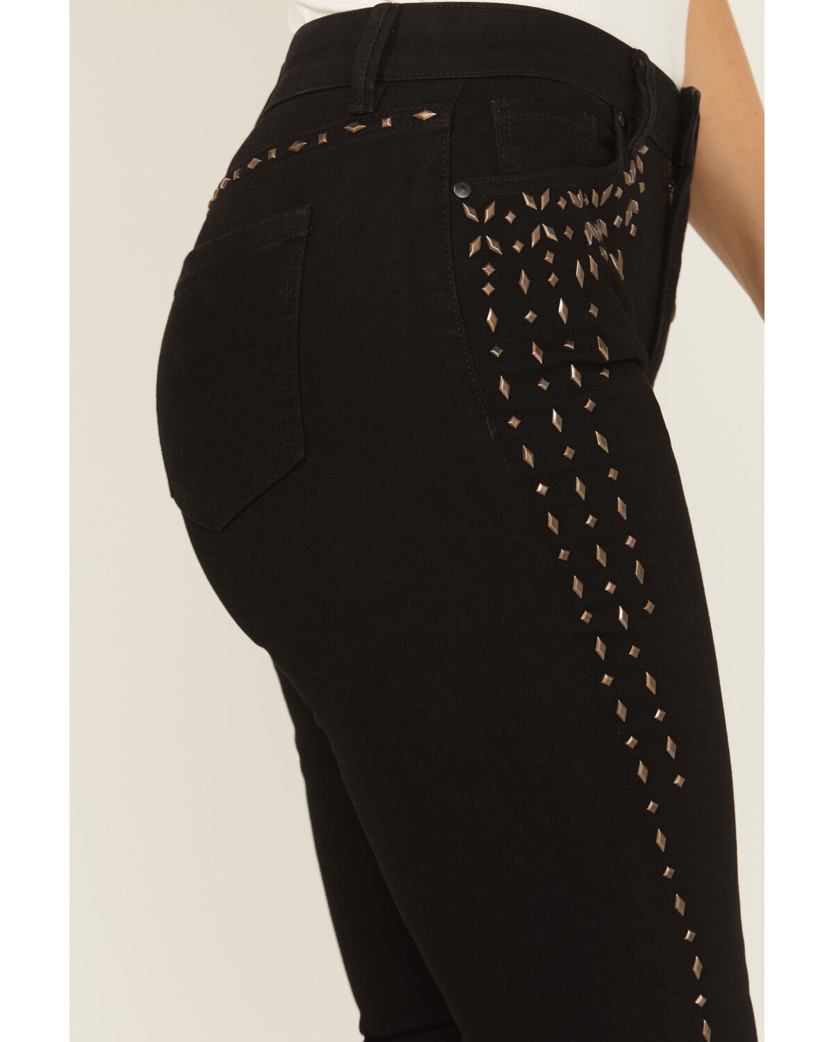 Wonderwest Women's Rigid Like Black Studded High Rise Bootcut Stretch Denim Jeans