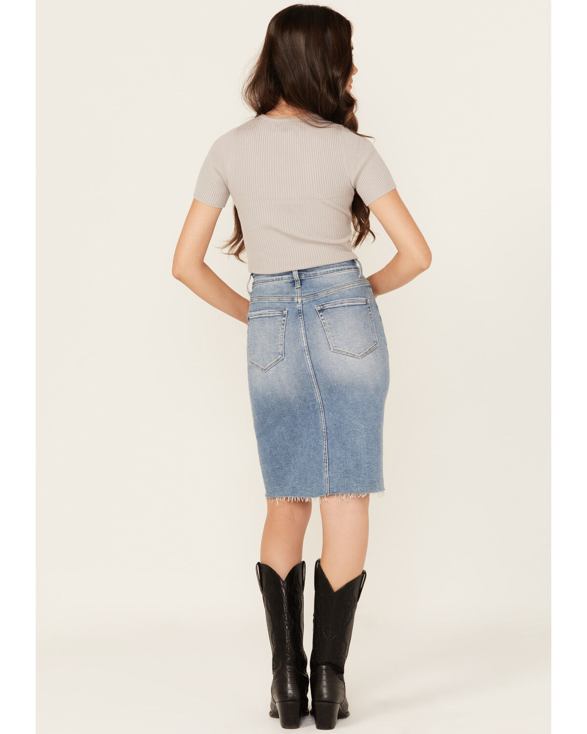 Flying Monkey Women's Raw Hem Medium Wash Denim Midi Skirt