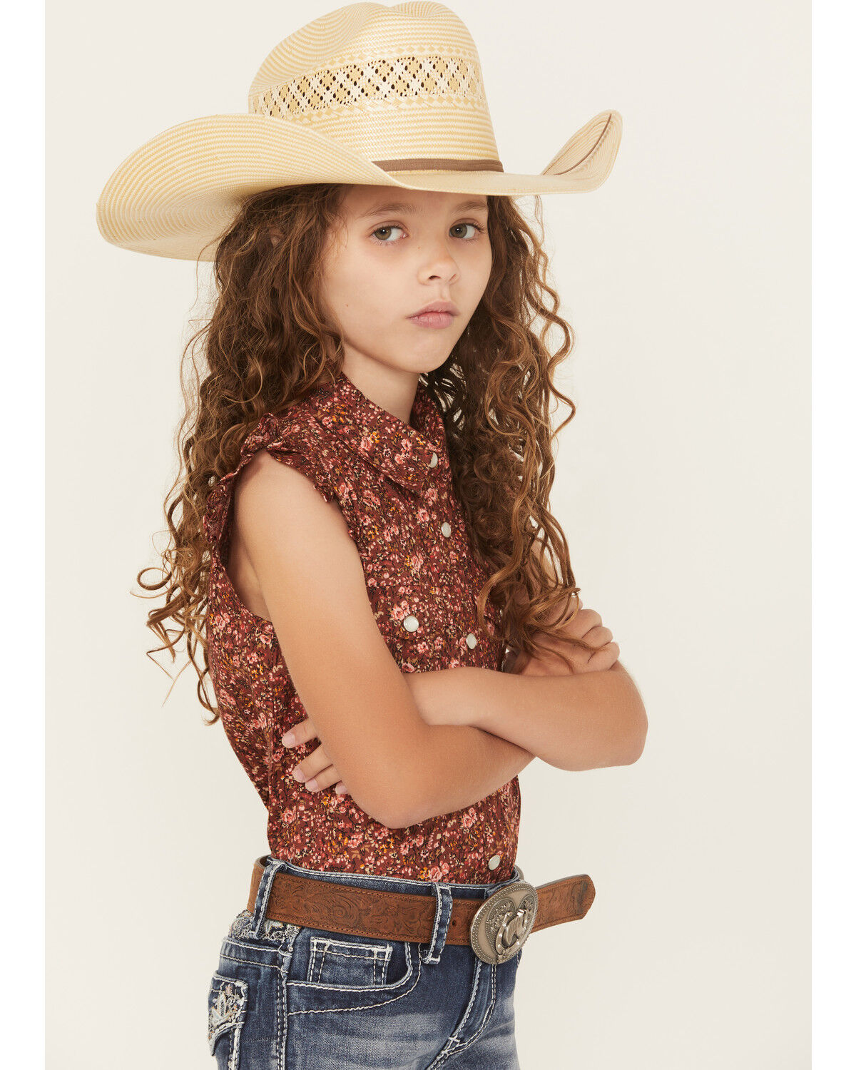 Shyanne Girls' Ditsy Floral Print Ruffle Sleeve Snap Stretch Western Shirt