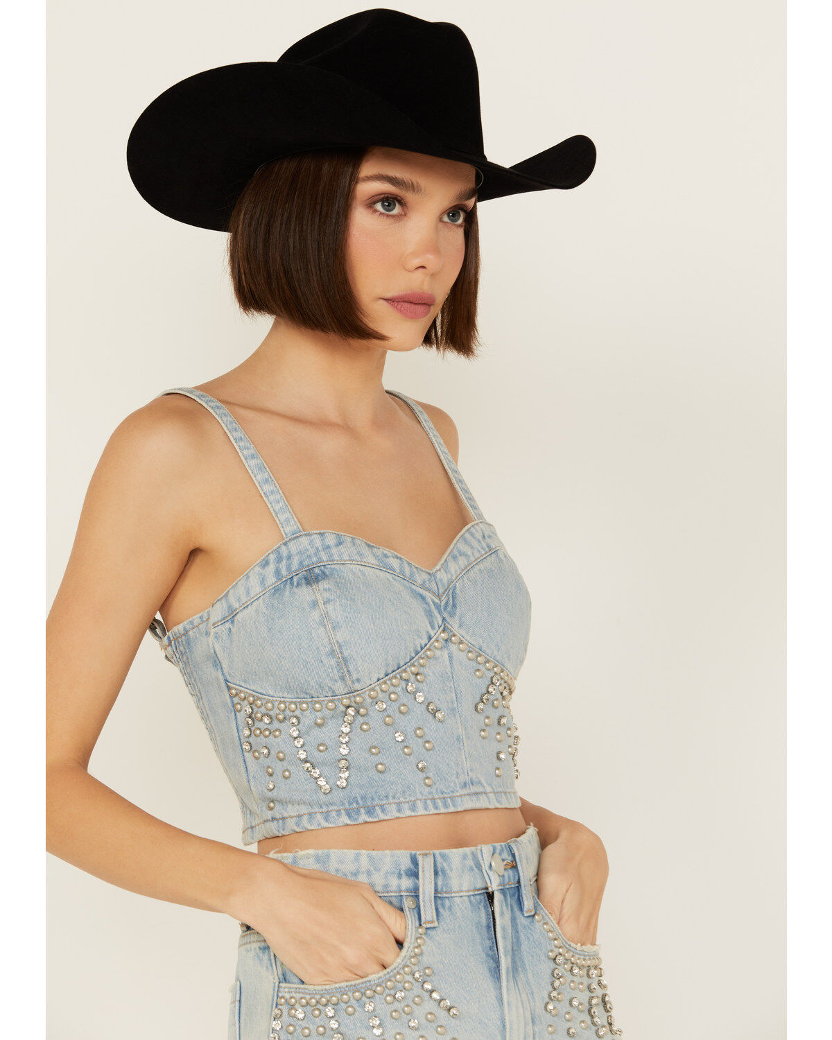 Blank NYC Women's Light Wash Starstruck Embellished Denim Crop Top