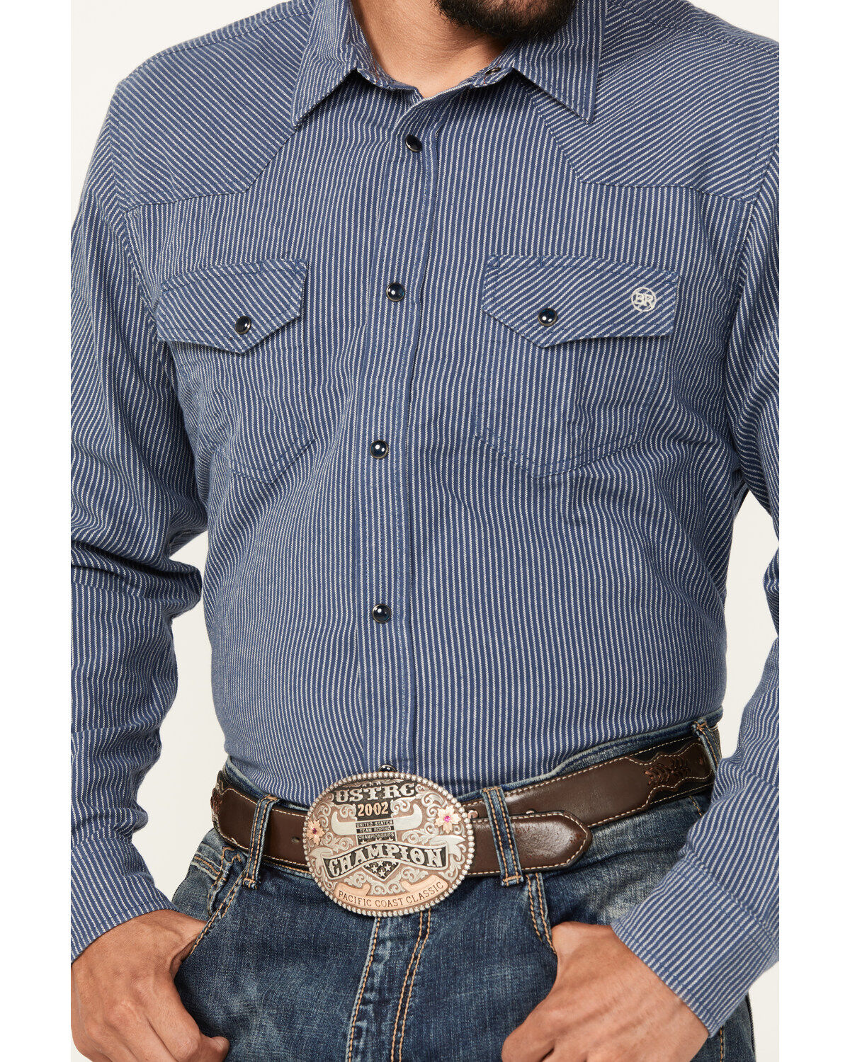 Blue Ranchwear Men's Somerville Herringbone Striped Print Long Sleeve Snap Work Shirt