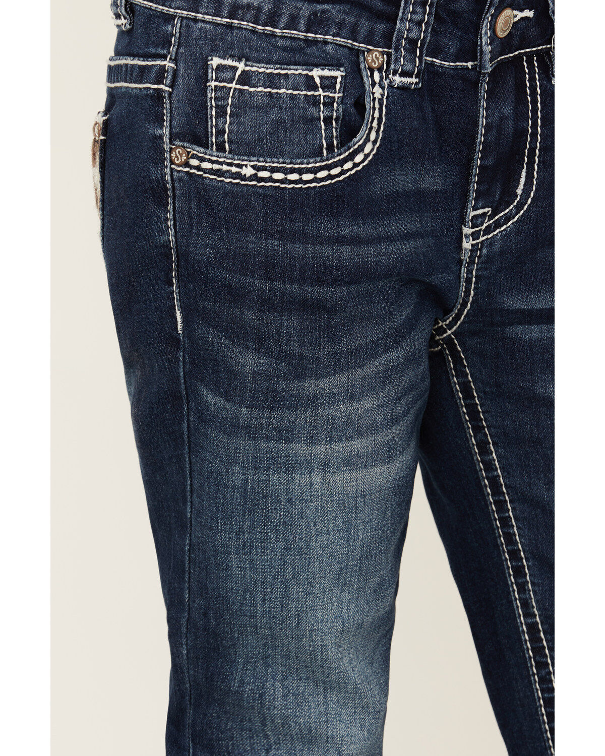 Shyanne Girls' Medium Wash Cowhide Patch Pocket Stretch Bootcut Jeans