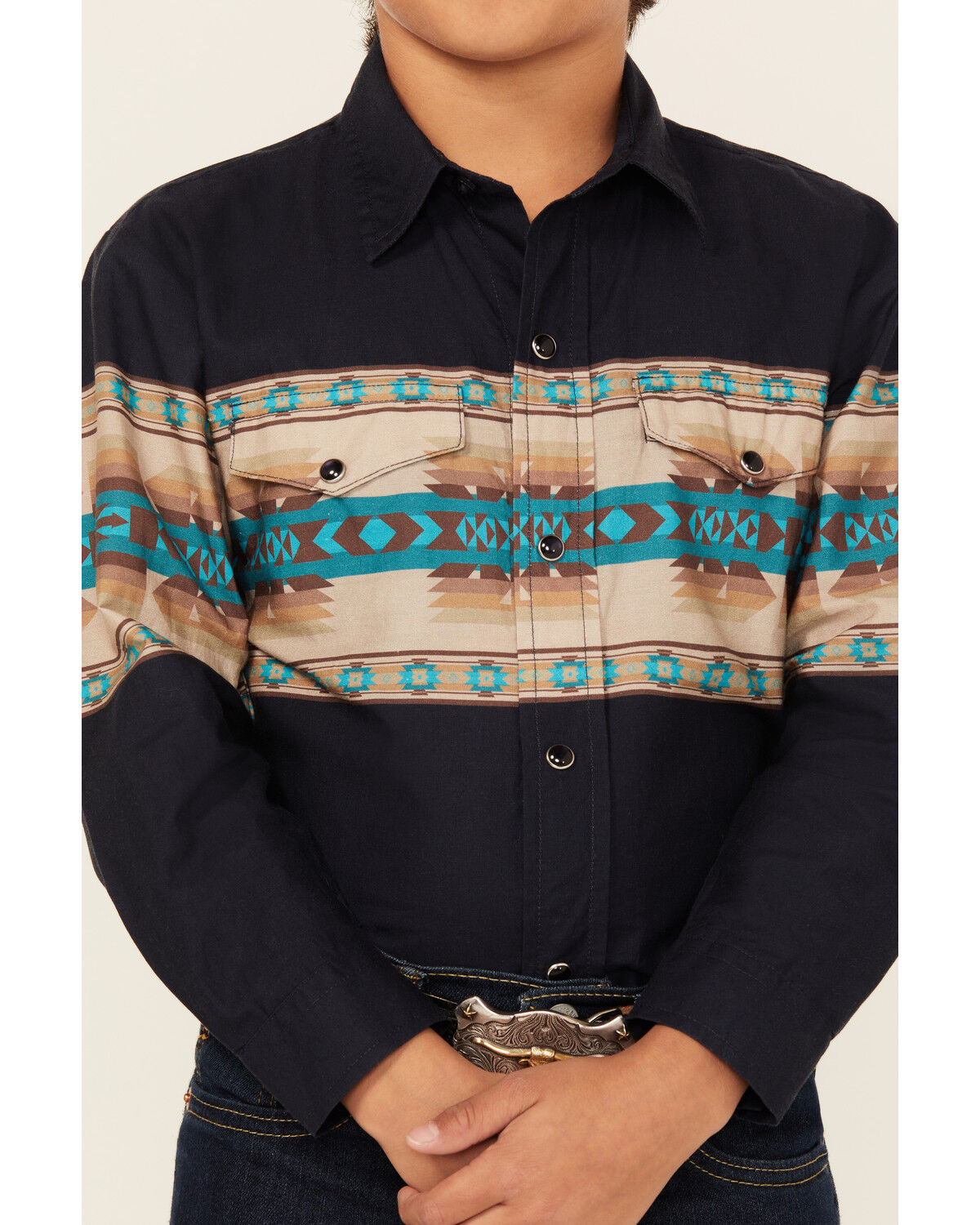 Roper Boys' Southwestern Border Print Long Sleeve Pearl Snap Western Shirt