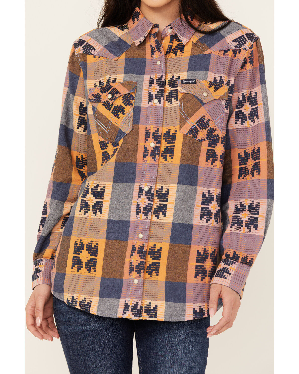 Wrangler Retro Women's Western Vintage Plaid Print Boyfriend Long Sleeve Snap Western Shirt