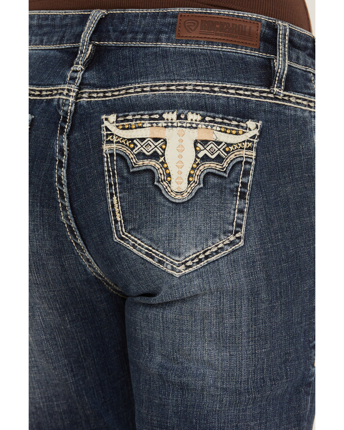 Rock & Roll Denim Women's Medium Wash Mid Rise Steer Head Bootcut Stretch Denim Jeans