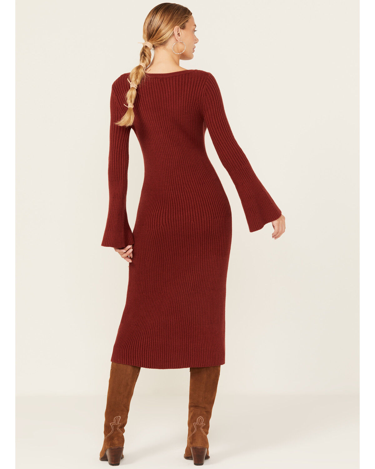Revel Women's Solid Bell Sleeve Sweater Midi Dress