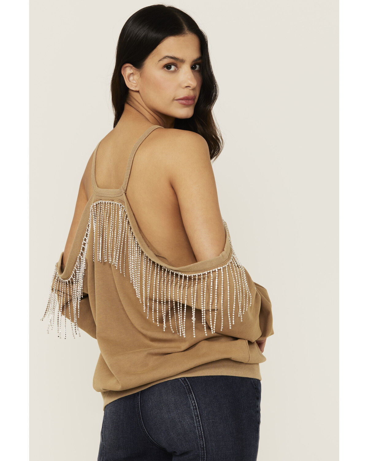 Blue B Women's Rhinestone Fringe Cold Shoulder Sweatshirt